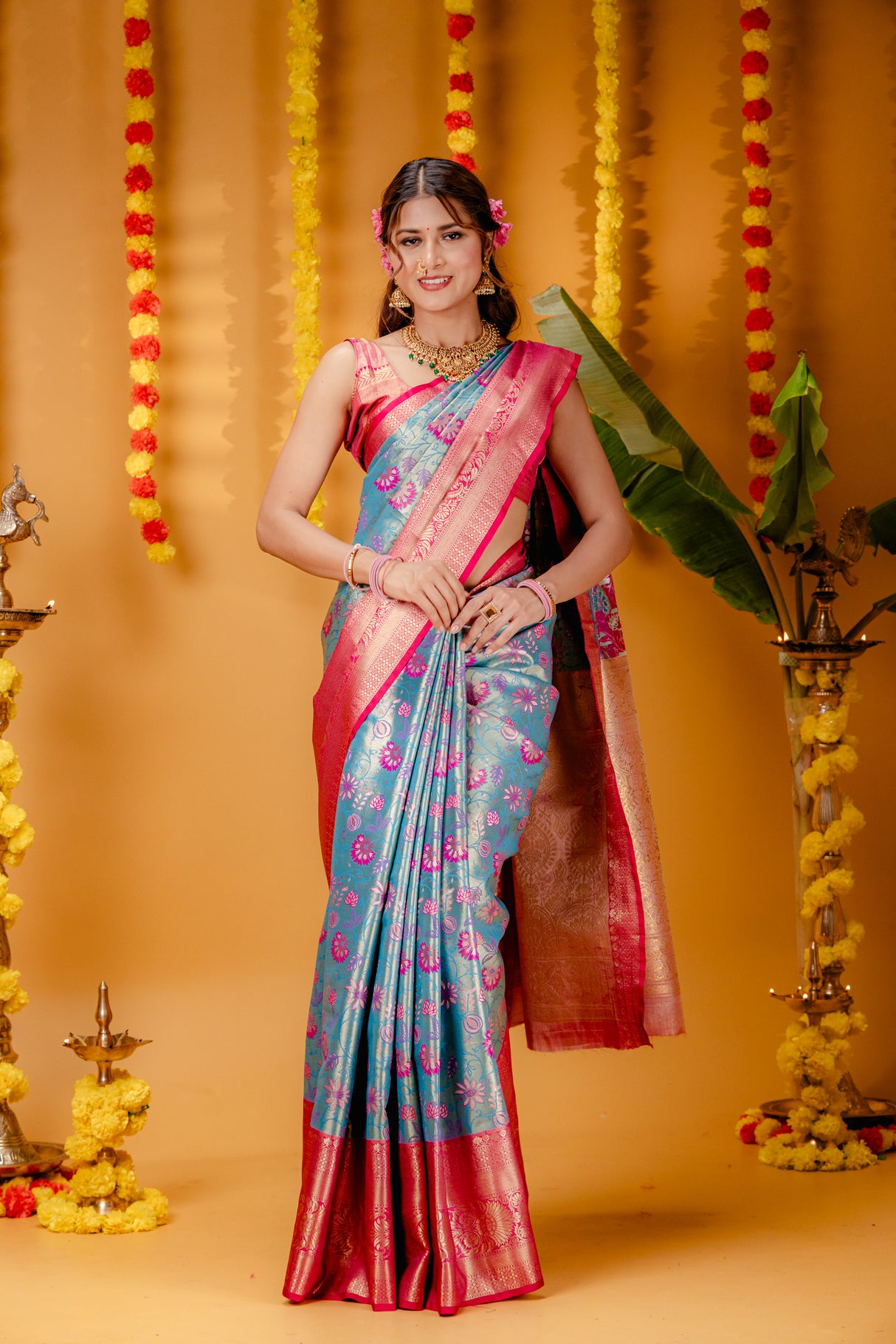 Mimosa Women's Woven Design Kanjivaram Style Art Silk Saree With Blouse Piece : SA00001827ANFREE