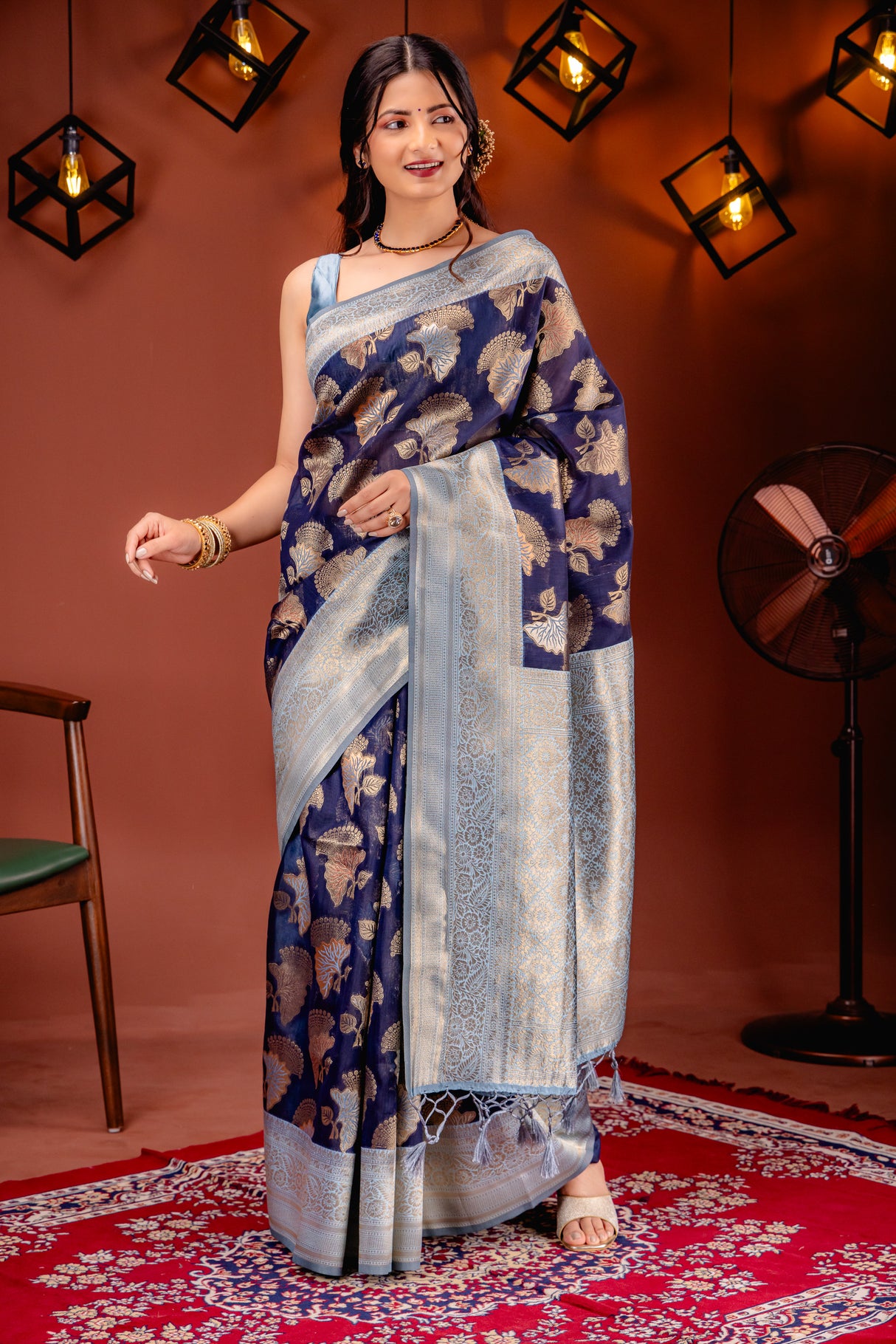 Mimosa Women's Woven Design Kanjivaram Style Art Silk Saree With Blouse Piece : SA00001735NVFREE