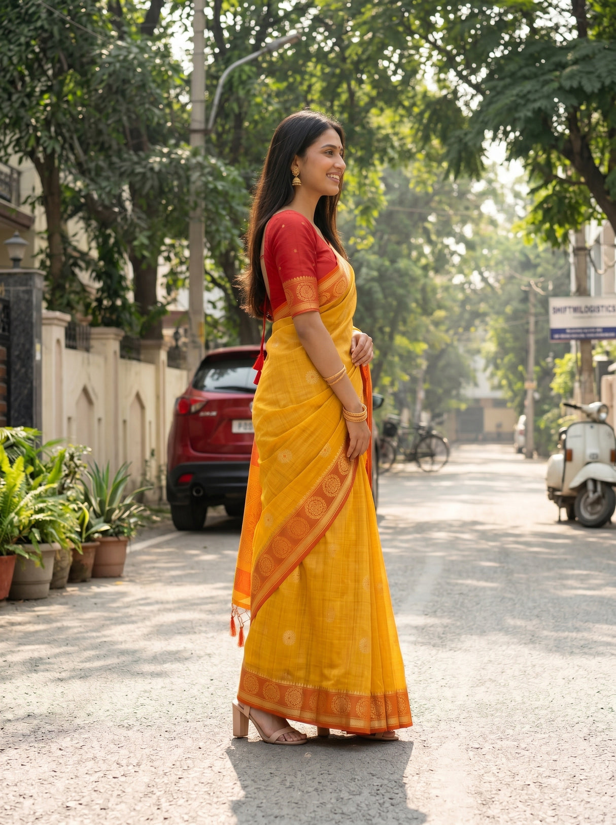 MIMOSA Mustard Kanjivaram tusser Saree — pose 3 styling detail