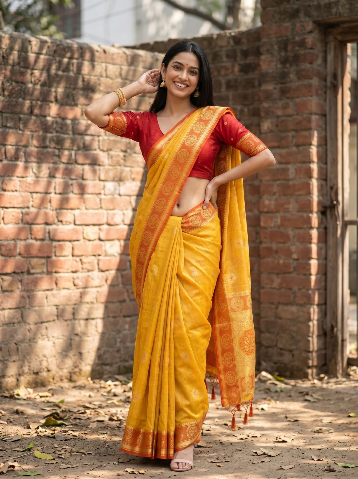 MIMOSA Mustard Kanjivaram tusser Saree — pose 4 styling detail