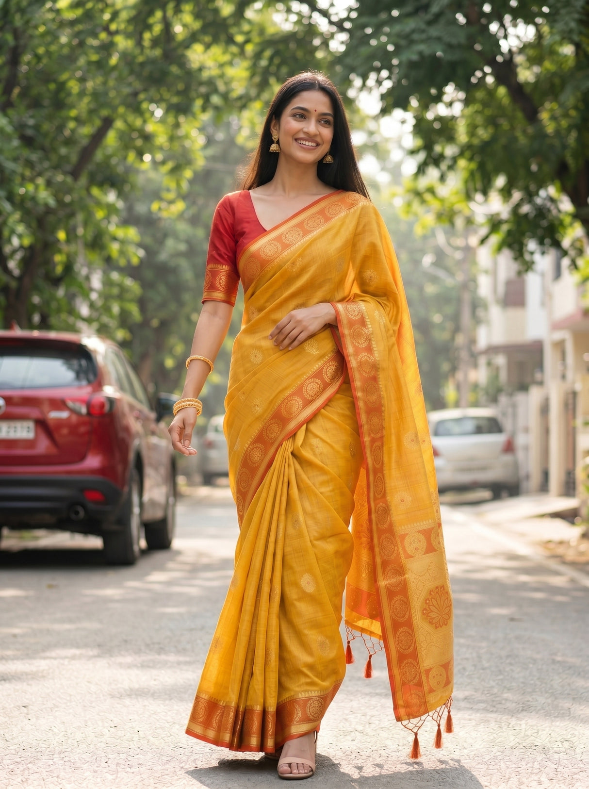 MIMOSA Mustard Kanjivaram tusser Saree — pose 6 styling detail