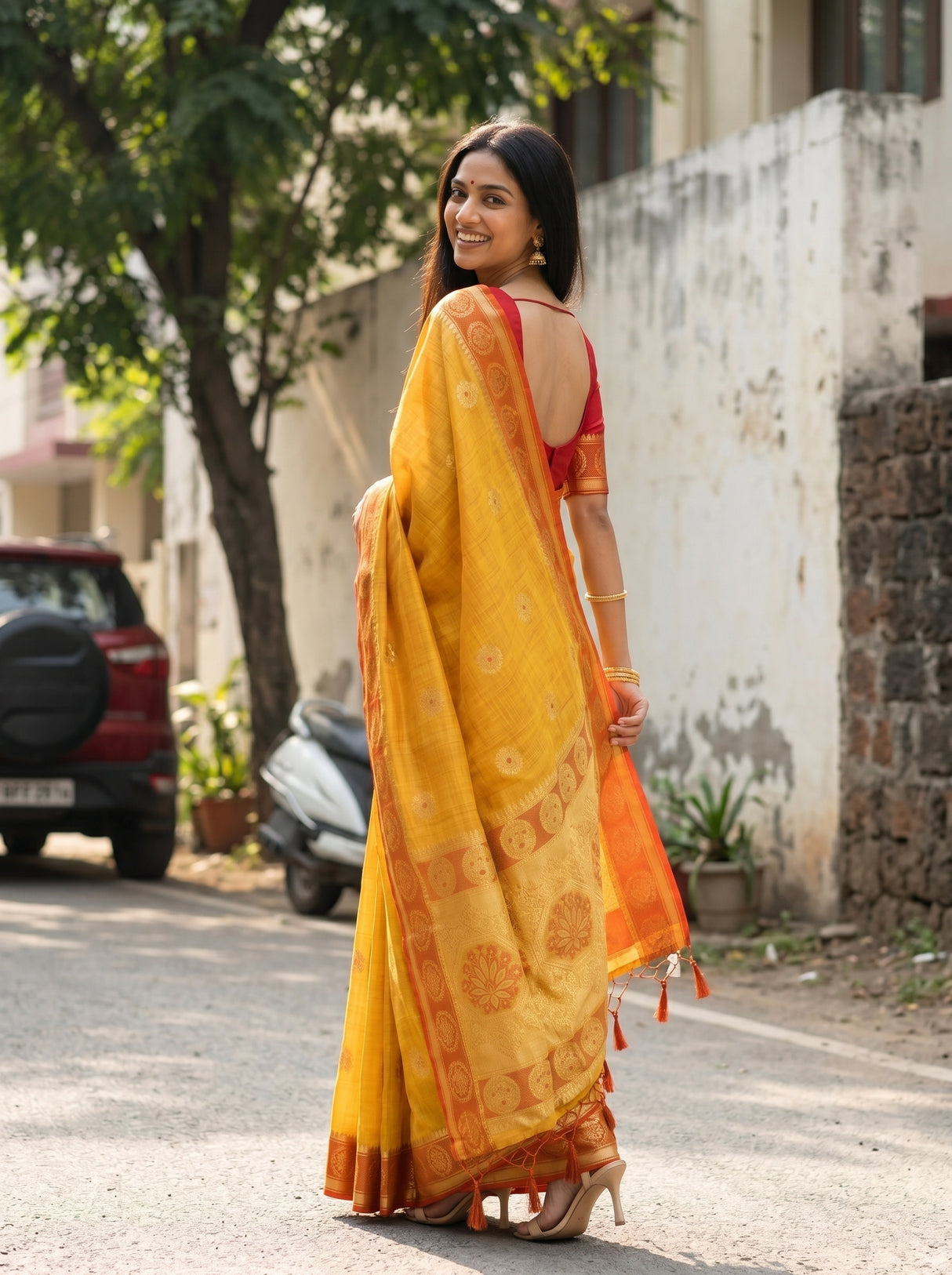 MIMOSA Mustard Kanjivaram tusser Saree — pose 7 styling detail