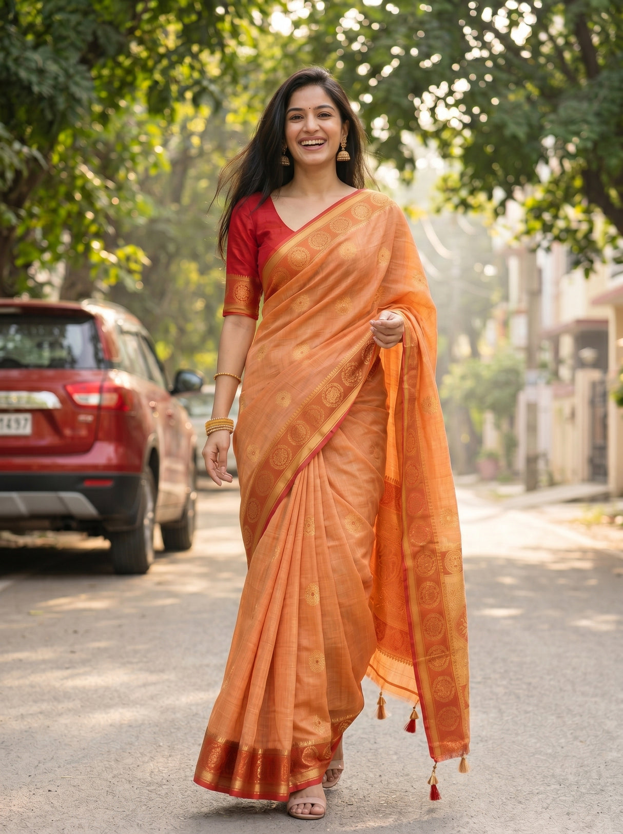 MIMOSA Peach Kanjivaram tusser Saree — pose 6 styling detail