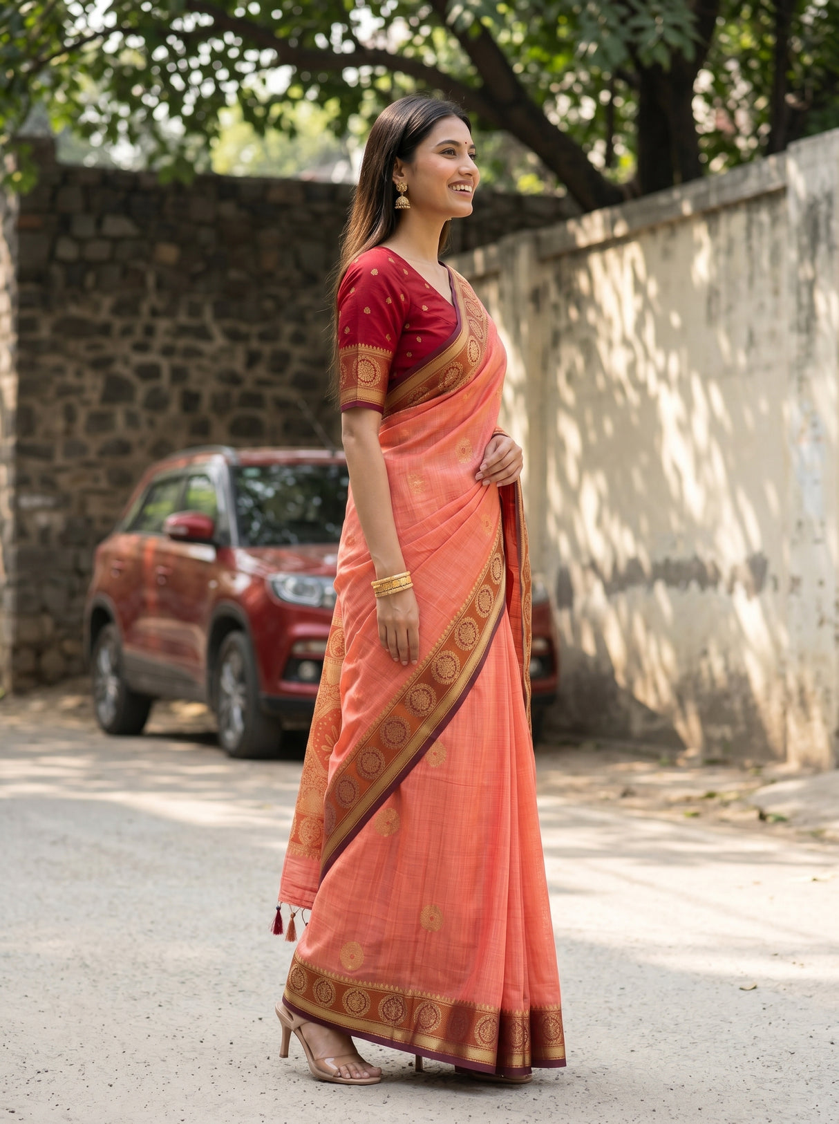 MIMOSA Pink Kanjivaram tusser Saree — pose 3 styling detail