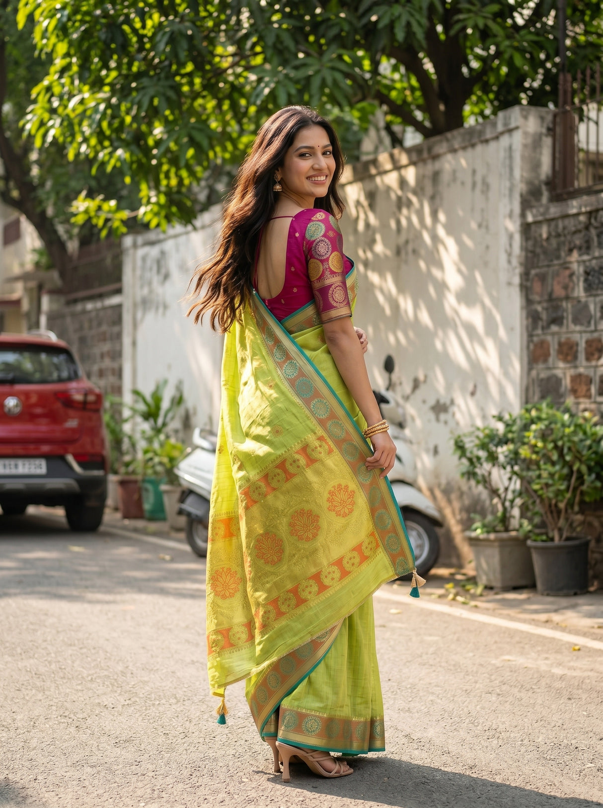 MIMOSA Pista Kanjivaram tusser Saree — pose 7 styling detail