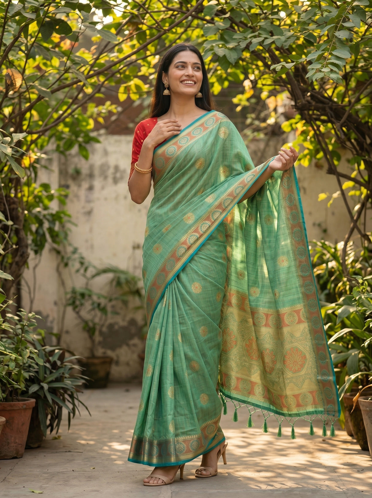MIMOSA Rama Kanjivaram tusser Saree — pose 5 styling detail