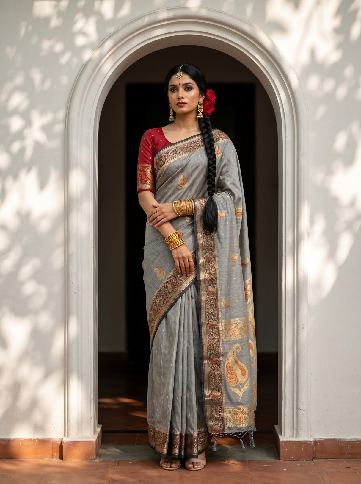 MIMOSA Grey Kanjivaram tusser Saree — model standing