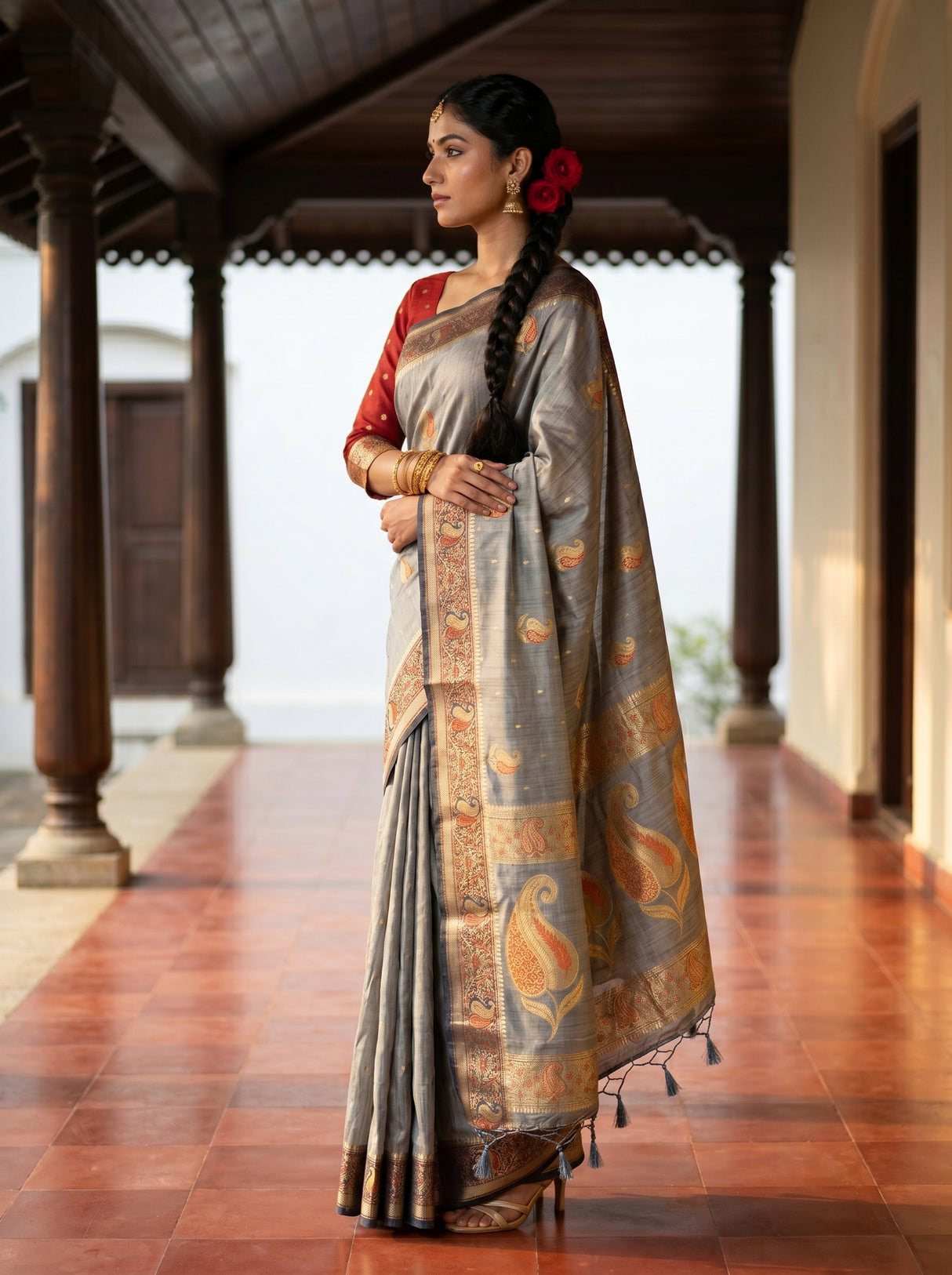 MIMOSA Grey Kanjivaram tusser Saree — saree detail