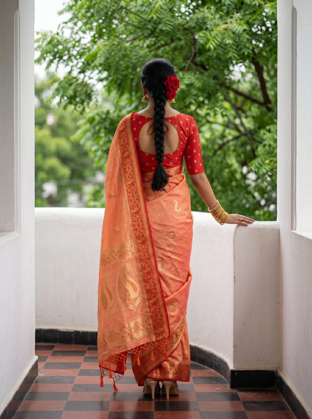 MIMOSA Peach Kanjivaram tusser Saree — model close-up