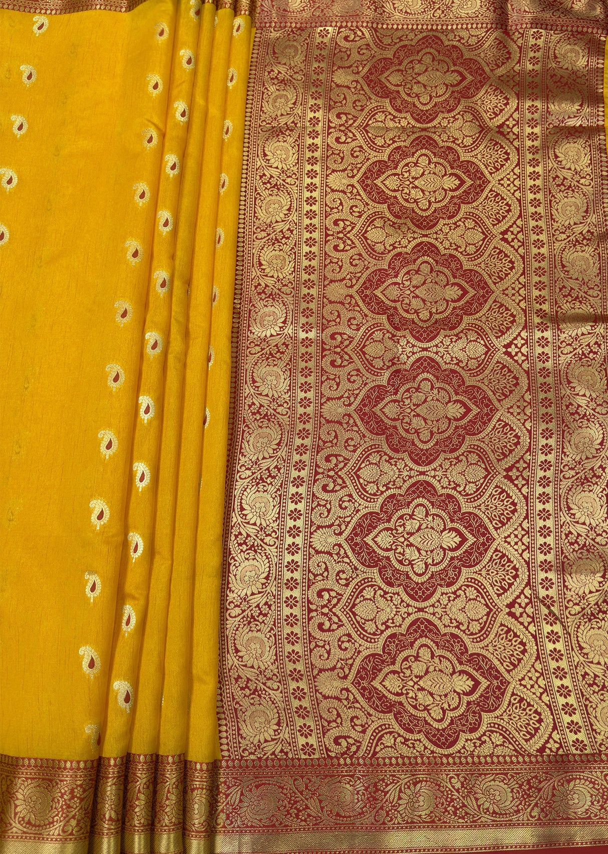 MIMOSA Mustard Banarasi Art Silk Saree — pallu and zari work detail