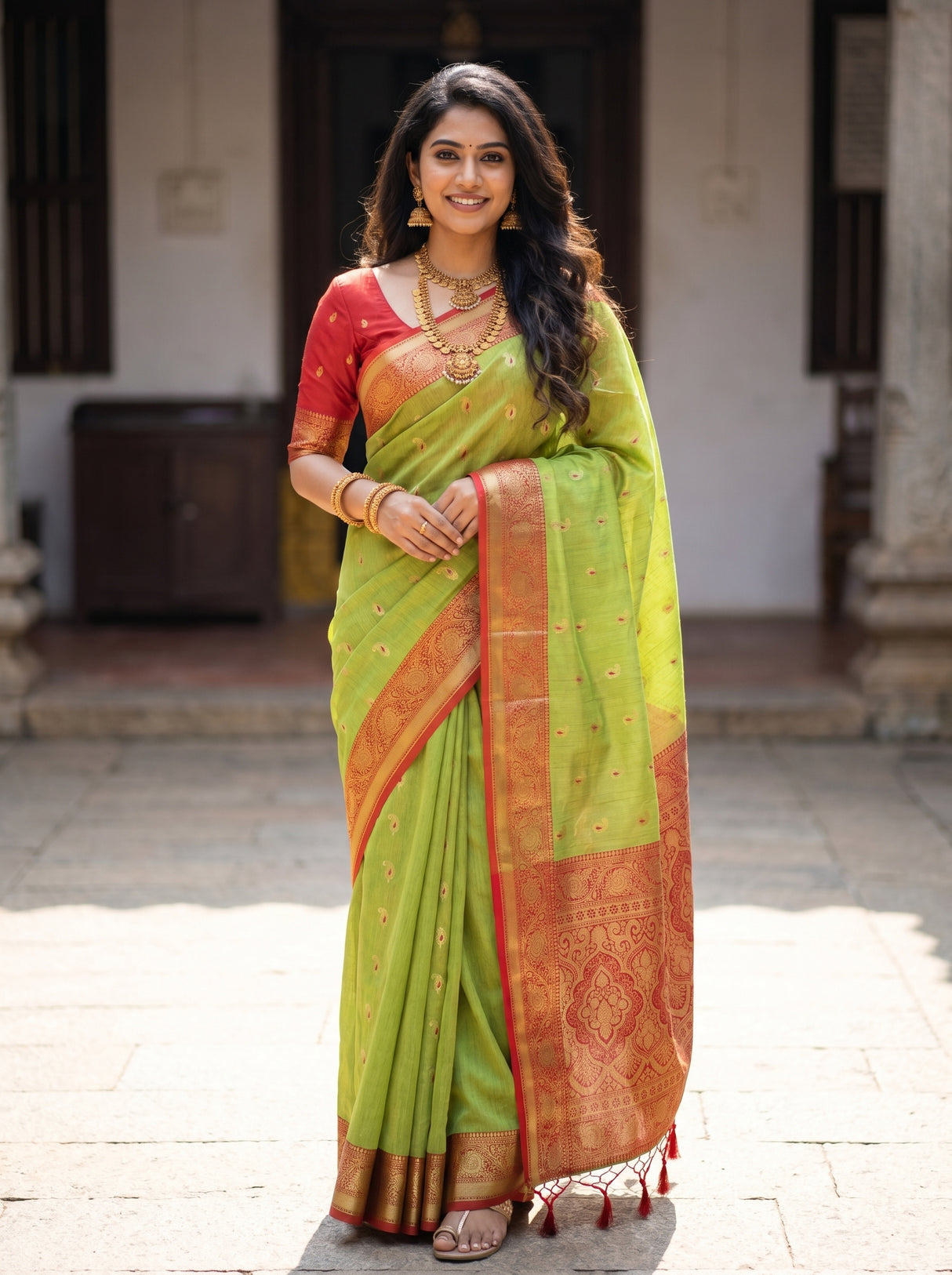 MIMOSA Olive Banarasi Art Silk Saree — full view on mannequin