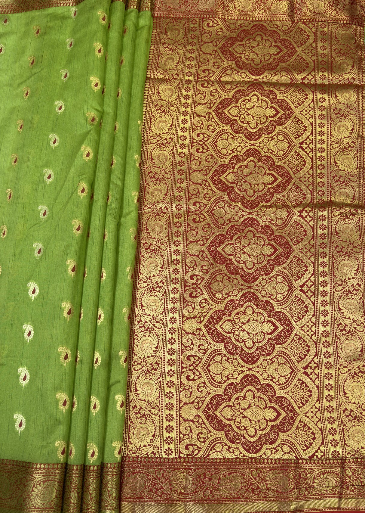 MIMOSA Olive Banarasi Art Silk Saree — pallu and zari work detail