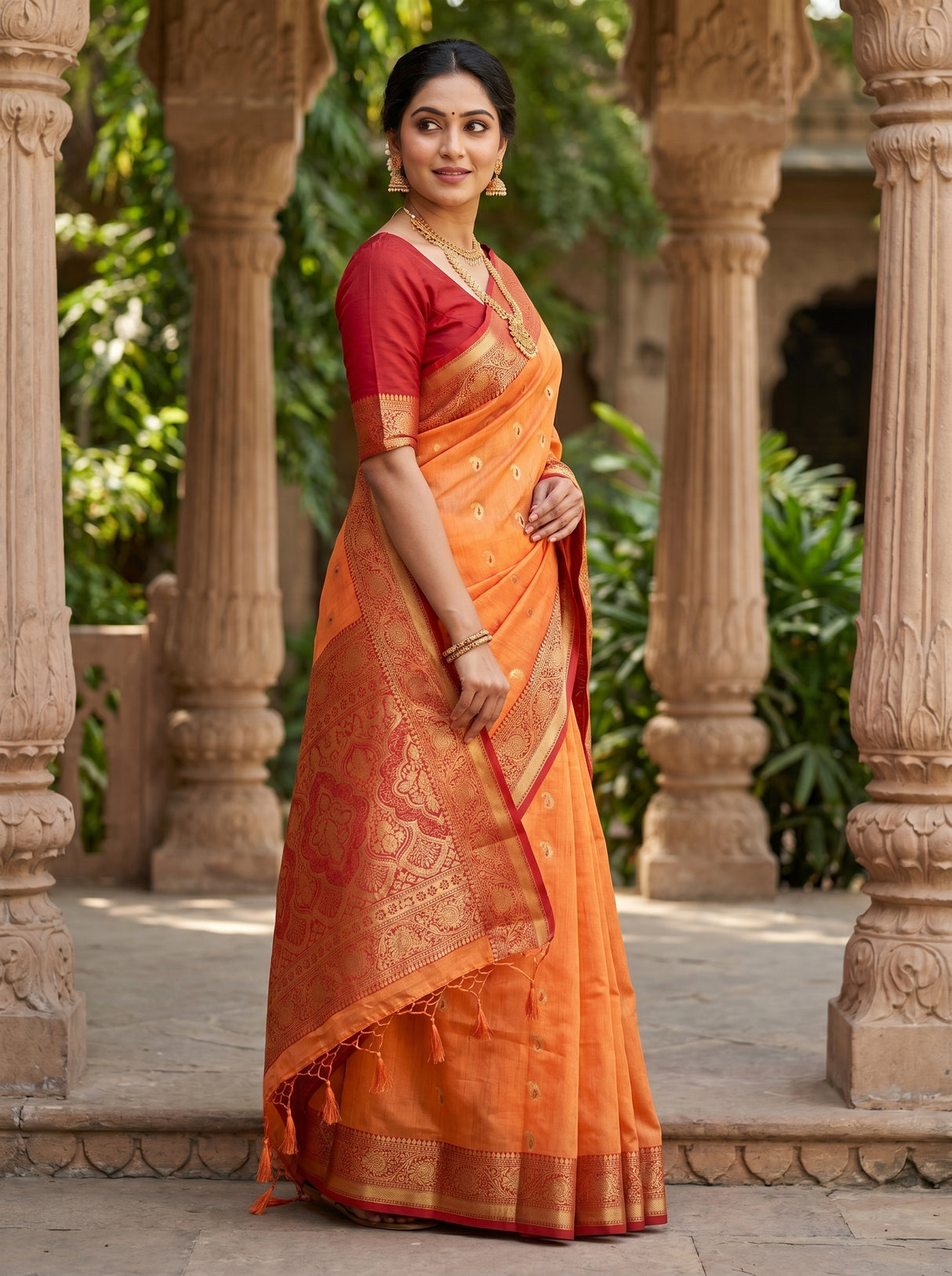 MIMOSA Peach Banarasi Art Silk Saree — model in a festive setting