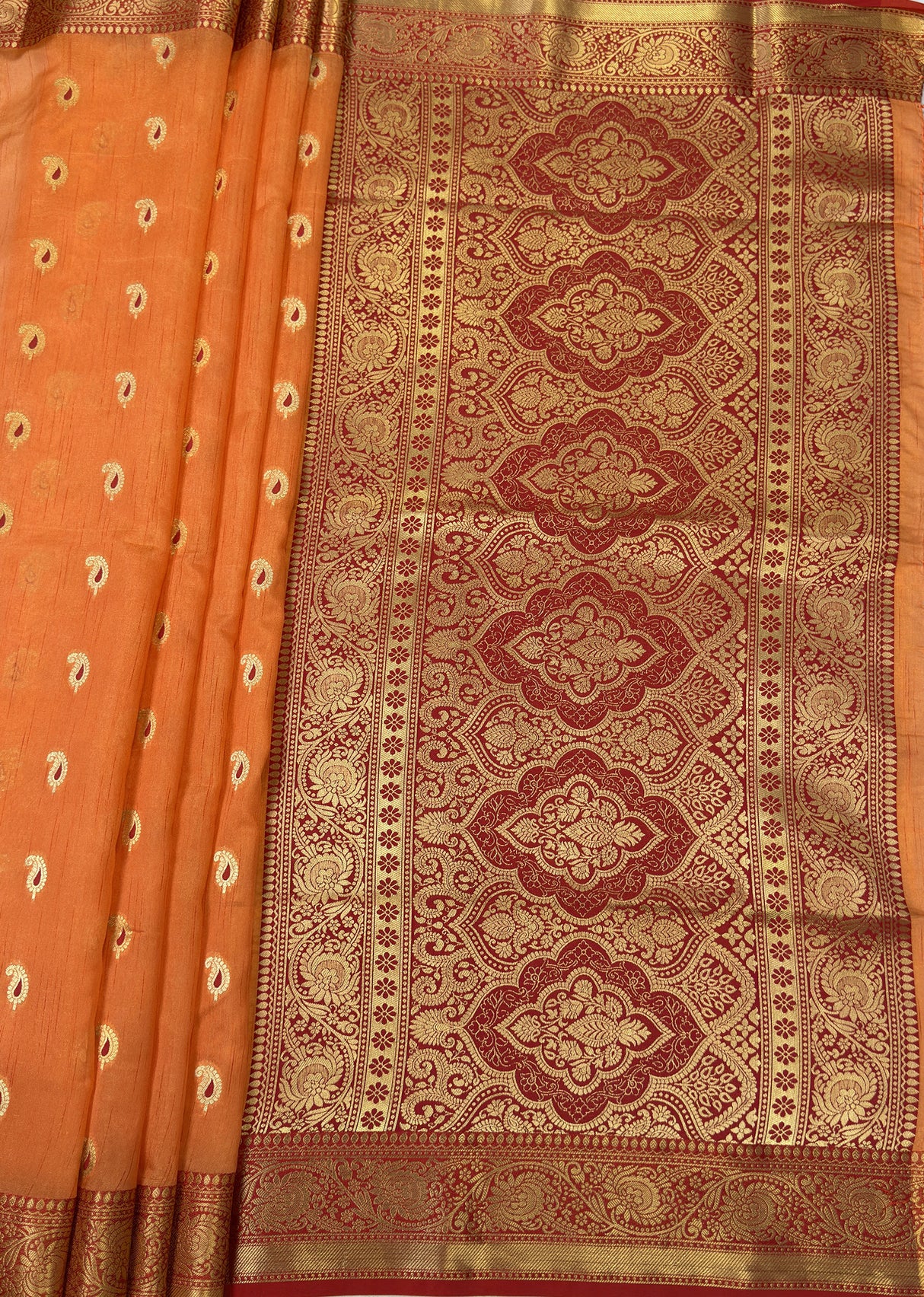 MIMOSA Peach Banarasi Art Silk Saree — pallu and zari work detail