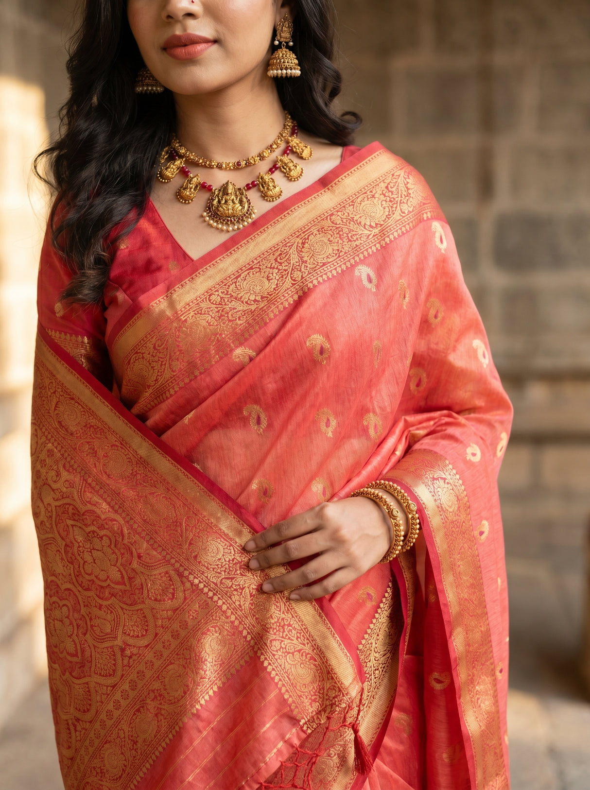 MIMOSA Strawberry Banarasi Art Silk Saree — pose 10 styling detail