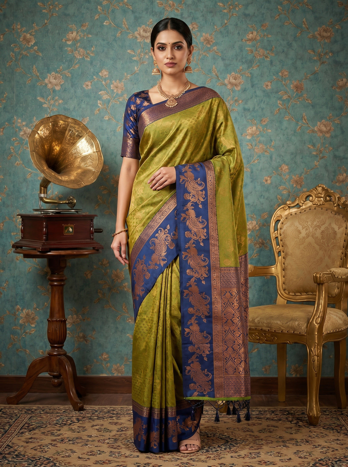 MIMOSA Olive Kanjivaram Art silk Saree β front view on mannequin