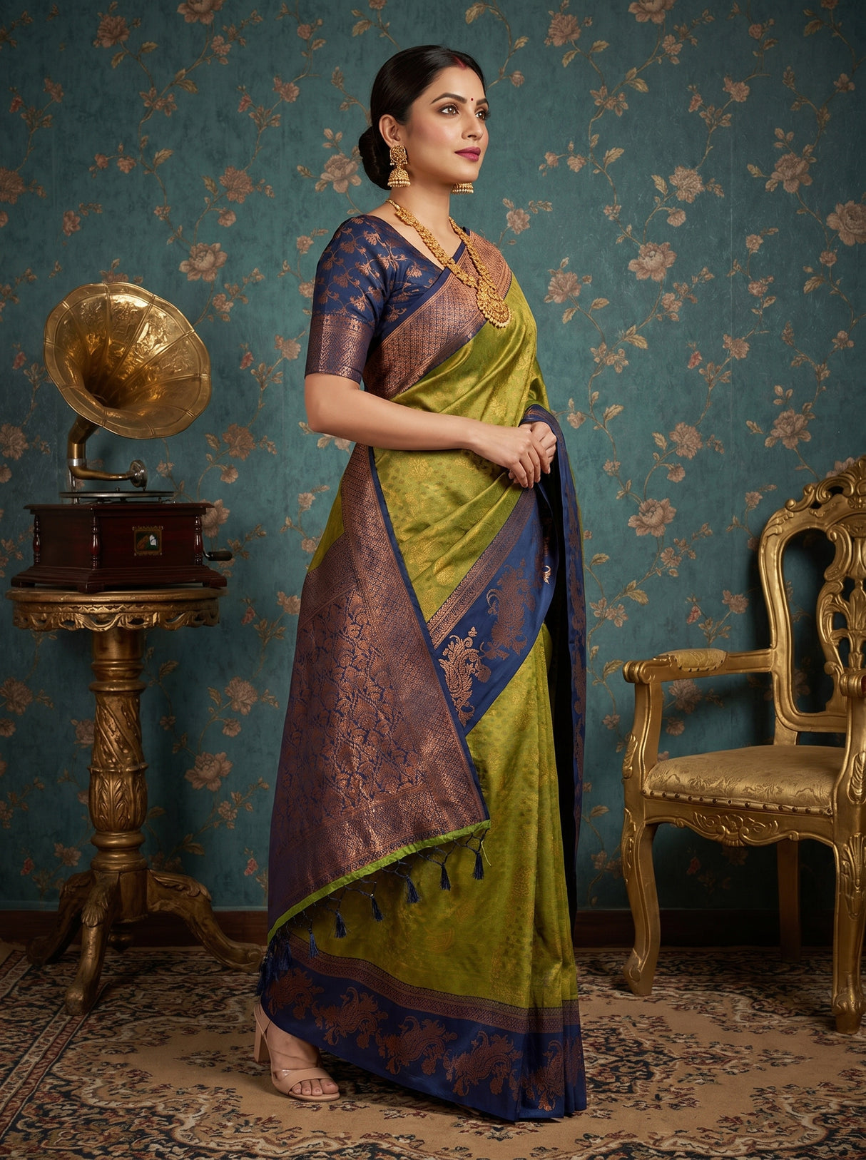 MIMOSA Olive Kanjivaram Art silk Saree β blouse fabric detail