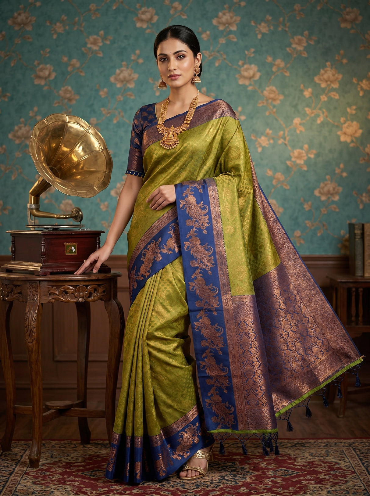 MIMOSA Olive Kanjivaram Art silk Saree β styled on model