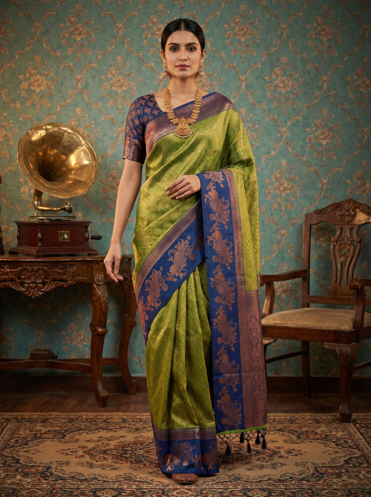 MIMOSA Olive Kanjivaram Art silk Saree β pose 7 styling detail