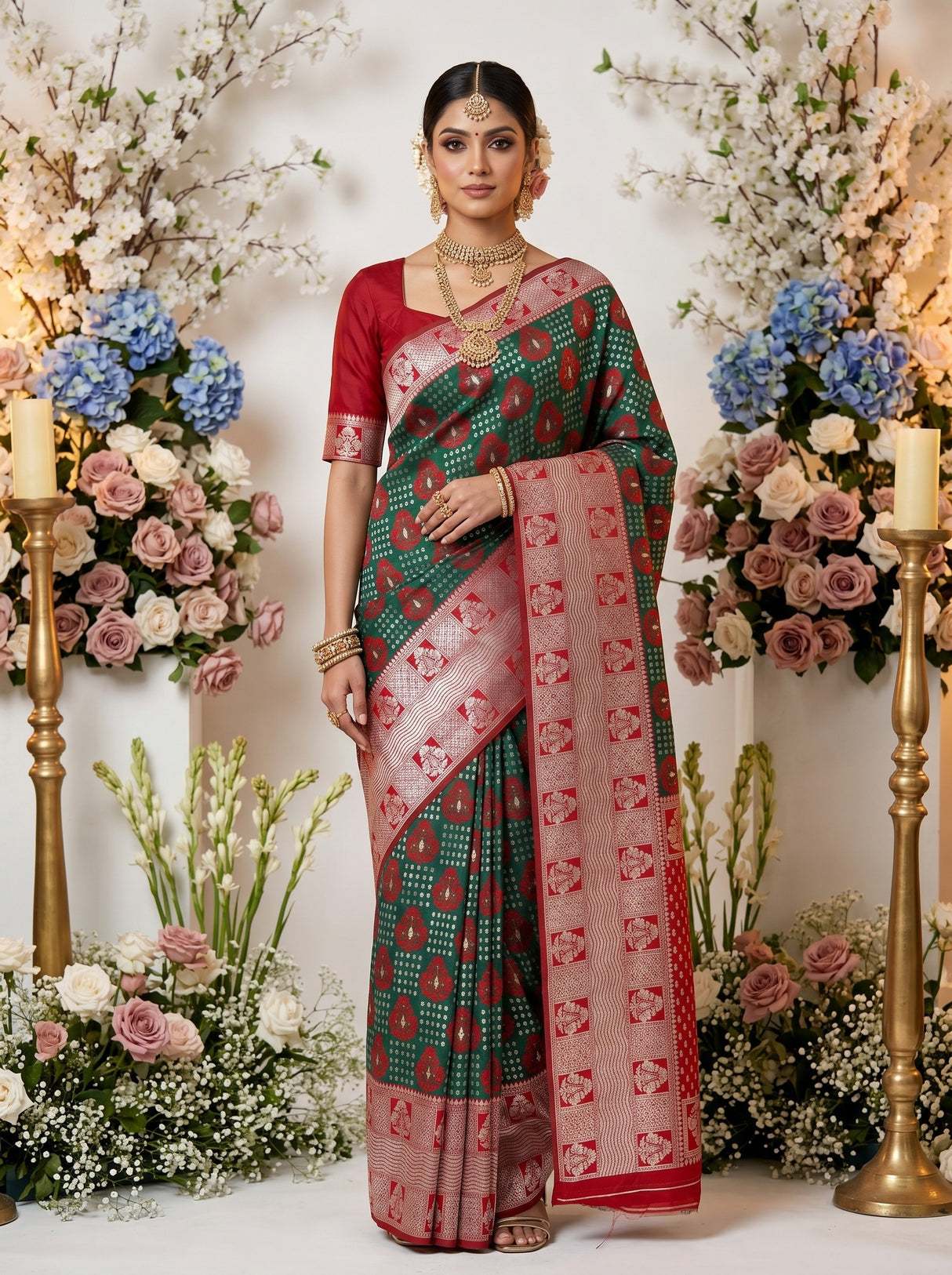 MIMOSA Green Banarasi Art Silk Saree — AI Model Lifestyle Pose 1