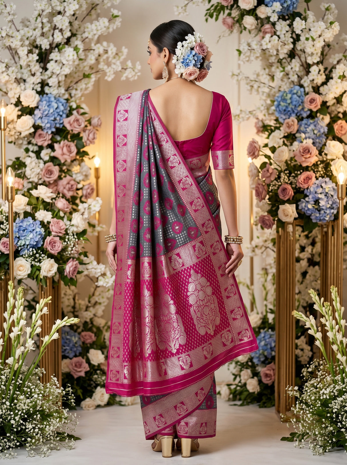 MIMOSA Grey Banarasi Art Silk Saree — pose 2 styling detail