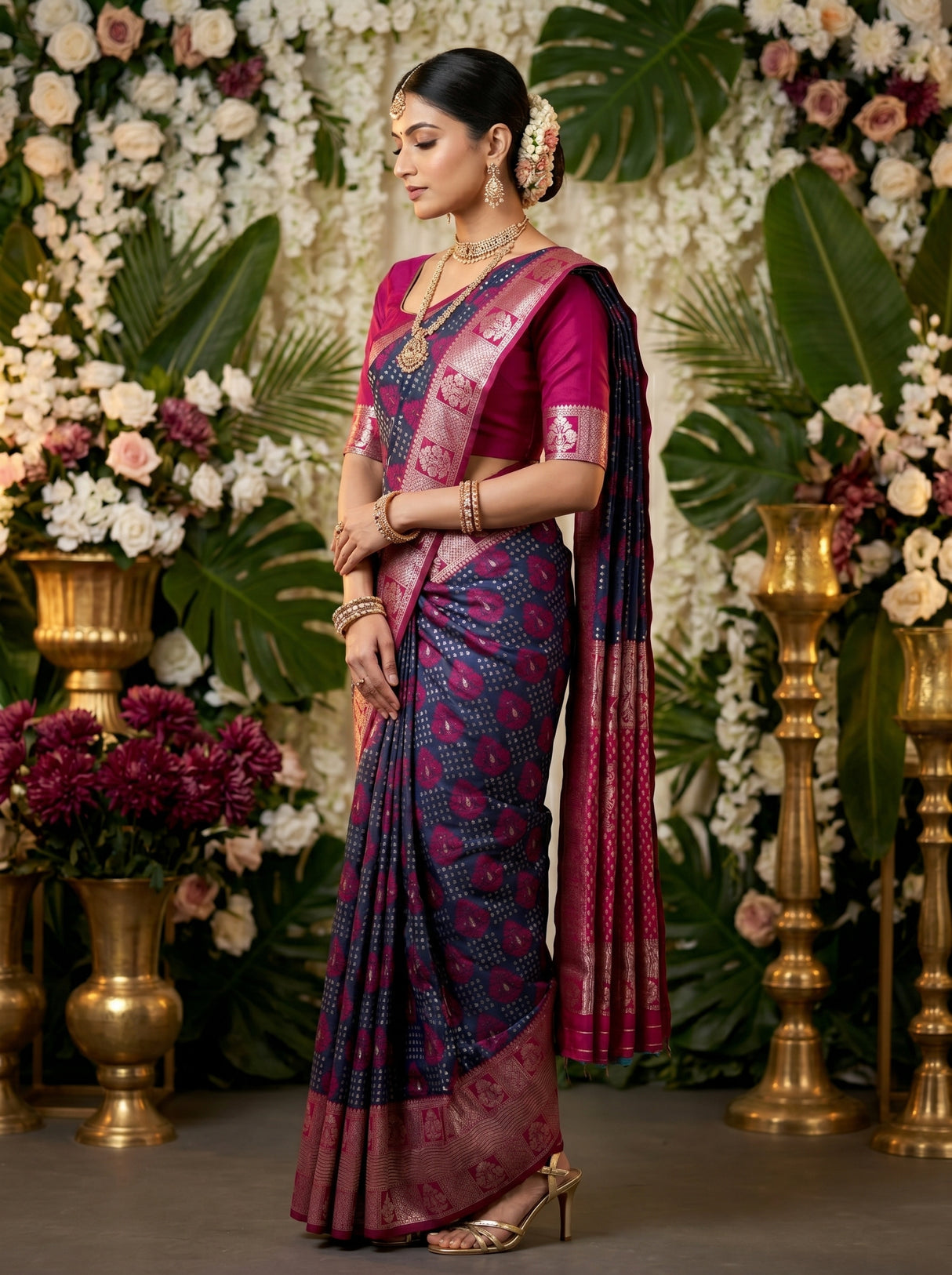 MIMOSA Navy Banarasi Art Silk Saree — pose 3 styling detail