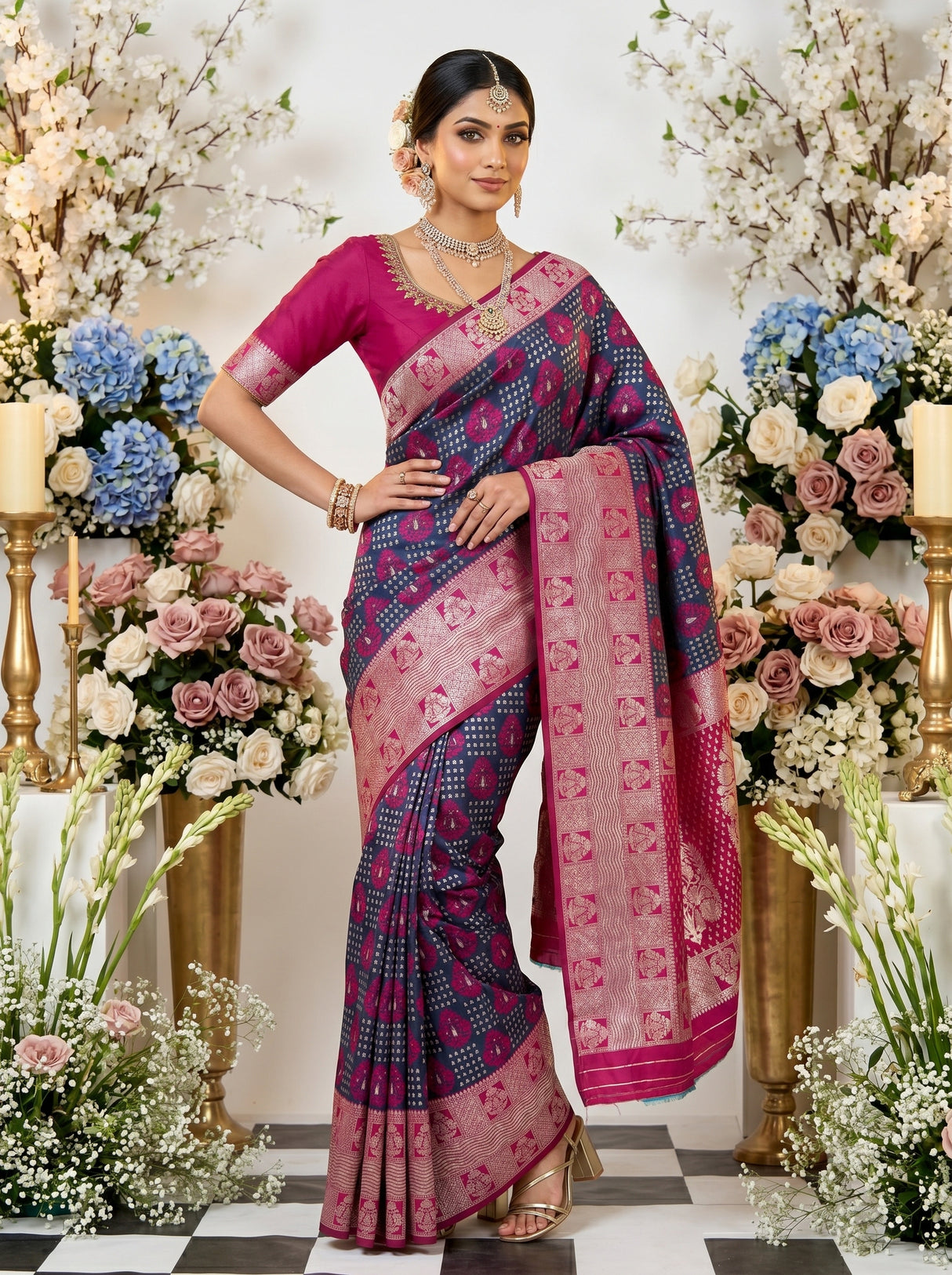 MIMOSA Navy Banarasi Art Silk Saree — pose 4 styling detail