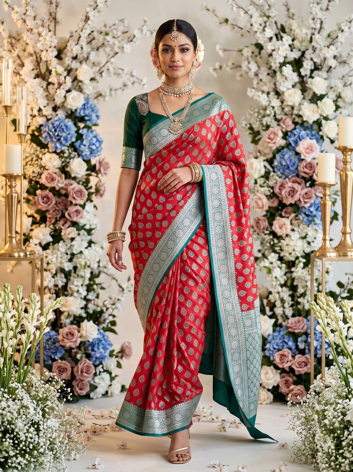 MIMOSA Red Banarasi Art Silk Saree — pose 6 styling detail