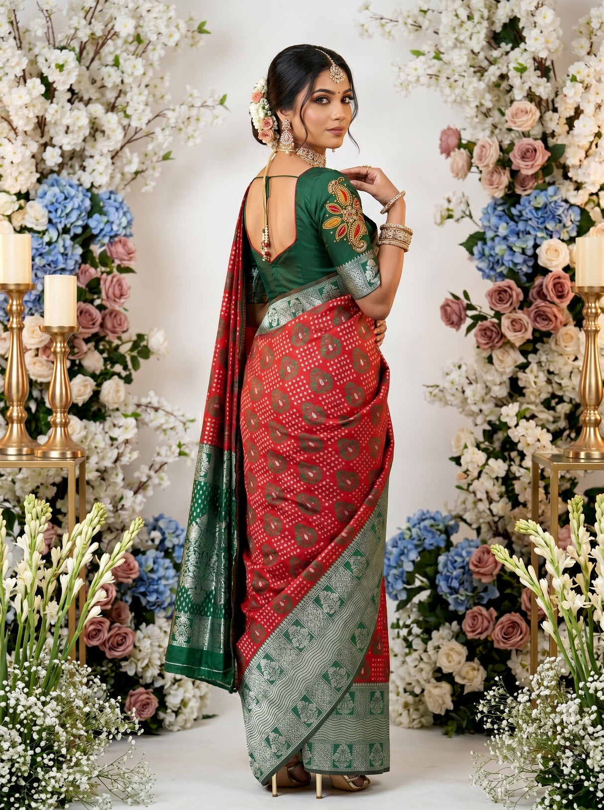 MIMOSA Red Banarasi Art Silk Saree — pose 7 styling detail