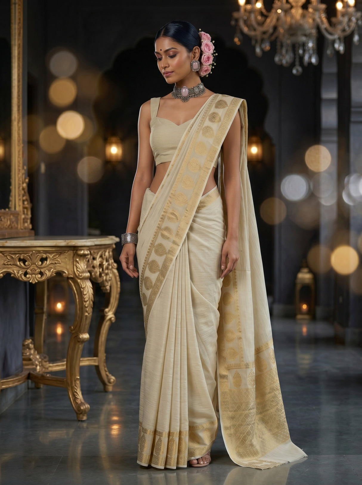 MIMOSA White Kanjivaram Saree — pose 9 styling detail
