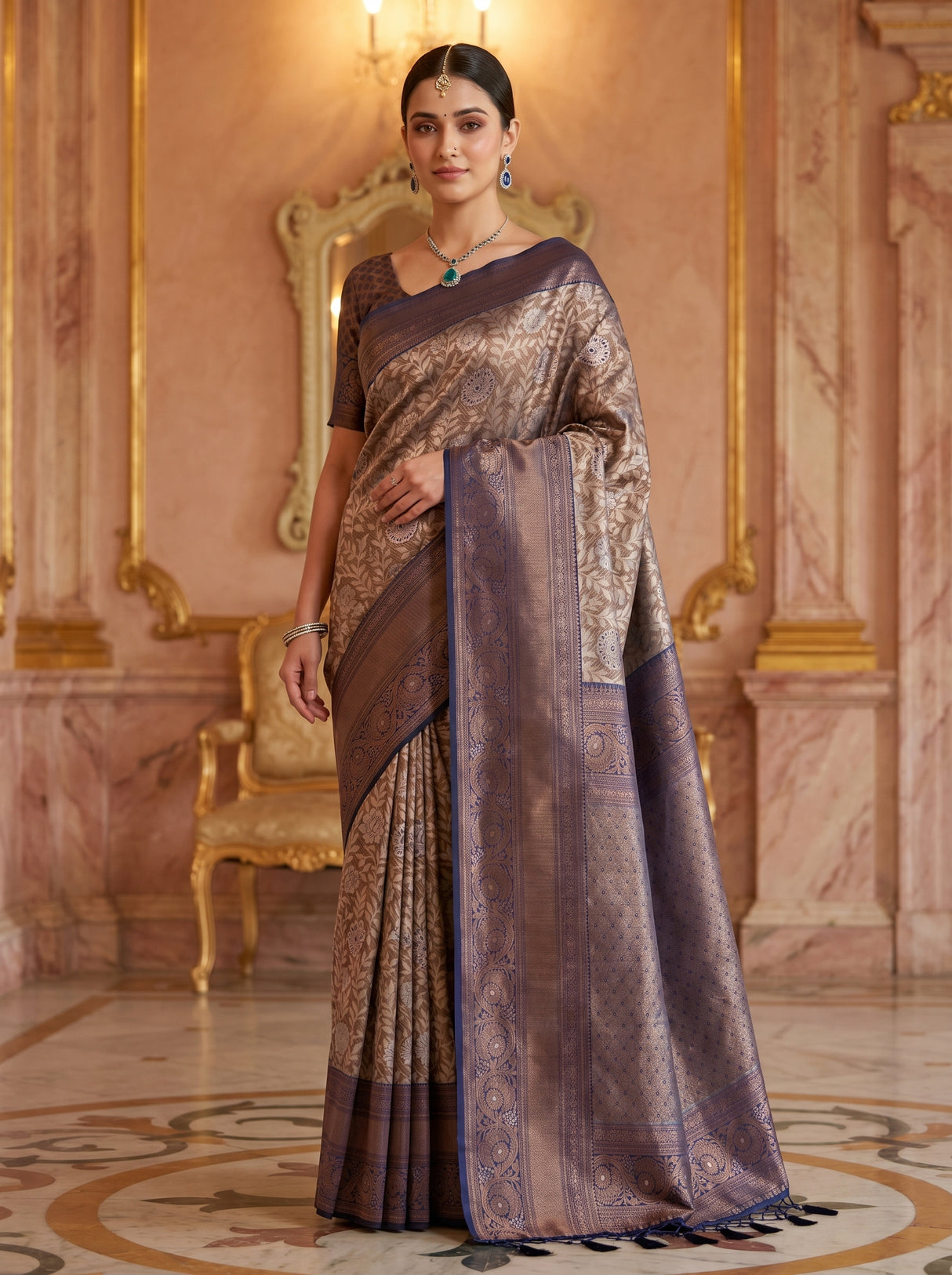 MIMOSA Navy Kanjivaram Art silk Saree β Model lifestyle view