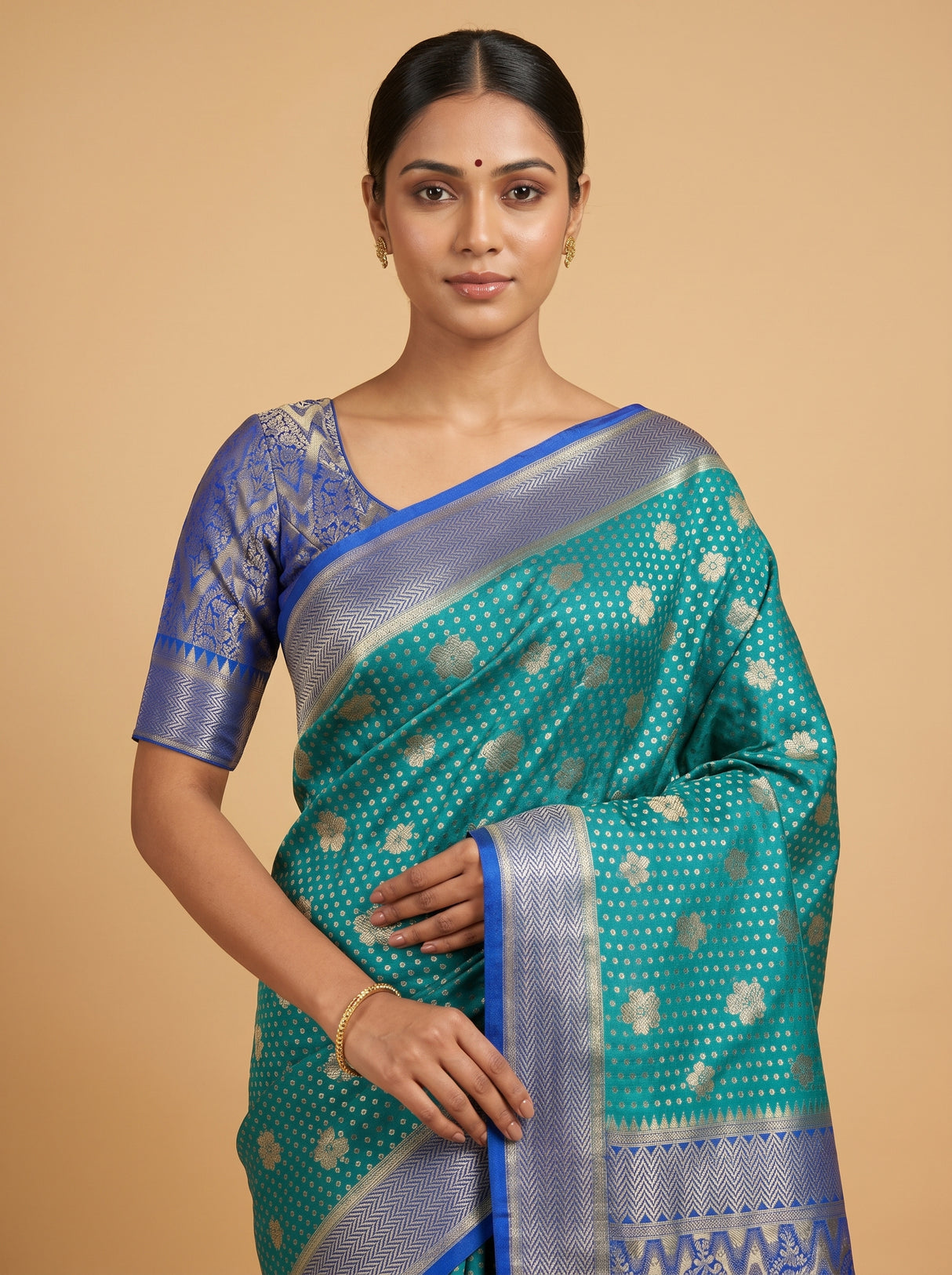 MIMOSA Parrot Royal Blue Mysore Silk crepe Saree β pose 10 styling detail