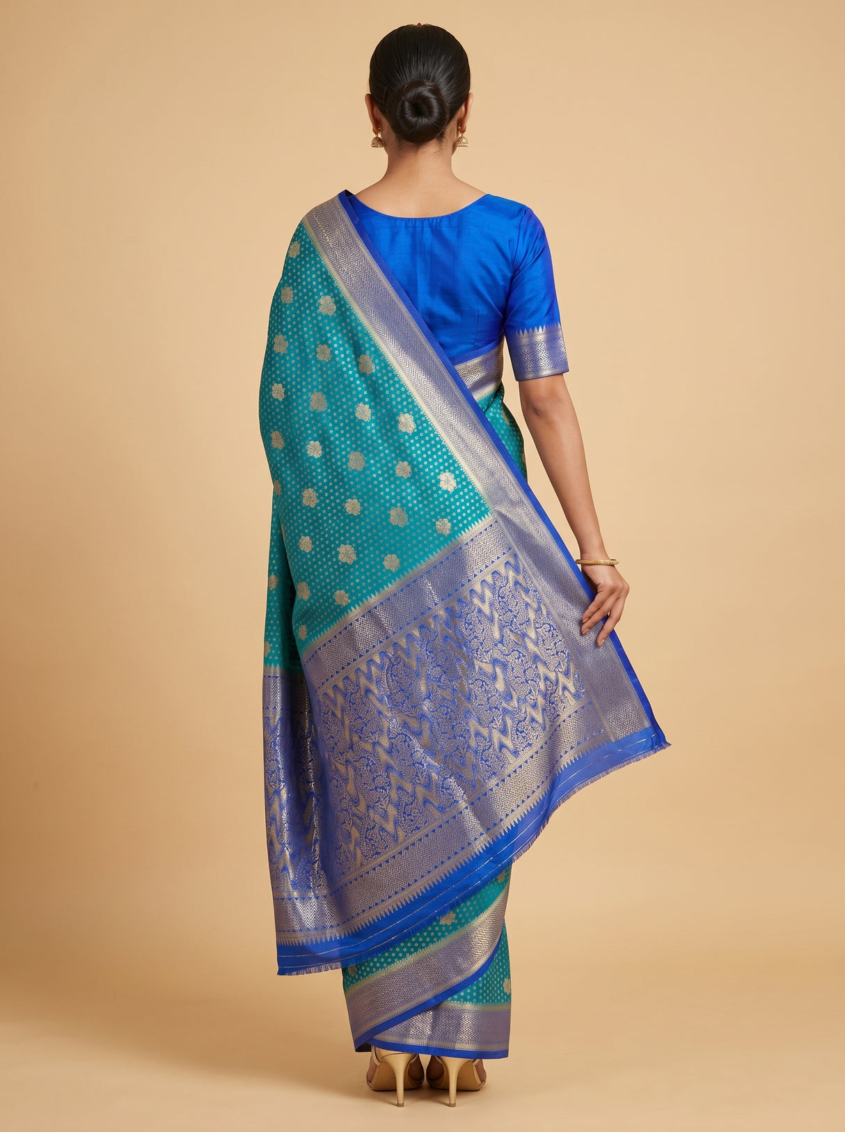 MIMOSA Parrot Royal Blue Mysore Silk crepe Saree β Unstitched Blouse Fabric