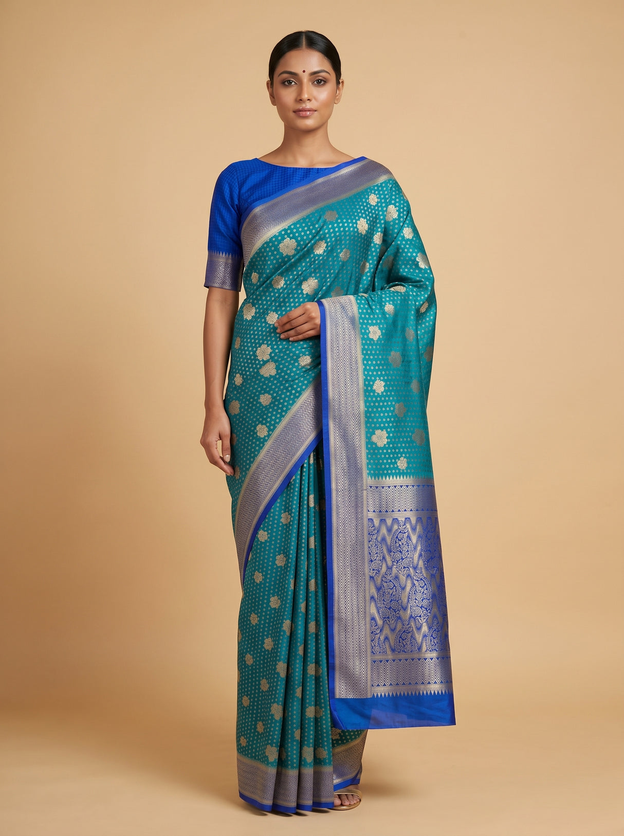 MIMOSA Parrot Royal Blue Mysore Silk crepe Saree β Full View on Model