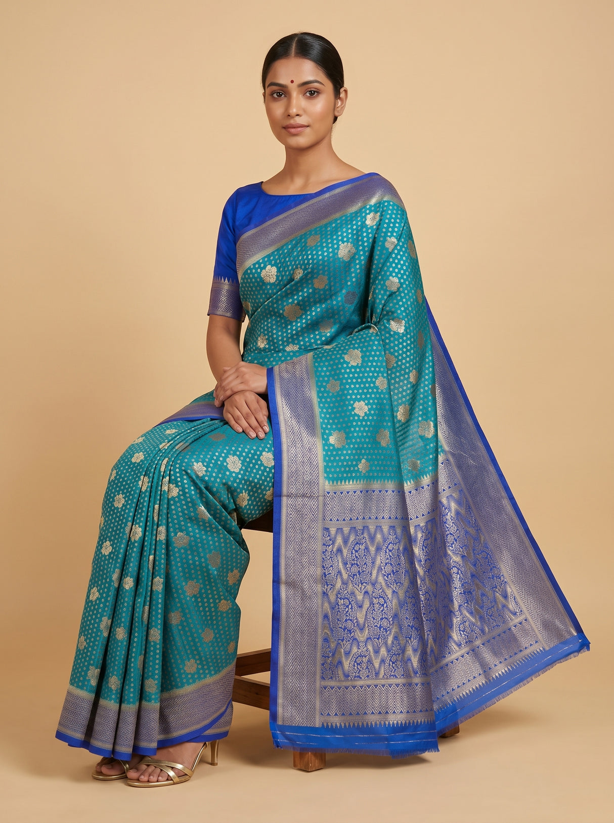 MIMOSA Parrot Royal Blue Mysore Silk crepe Saree β pose 8 styling detail