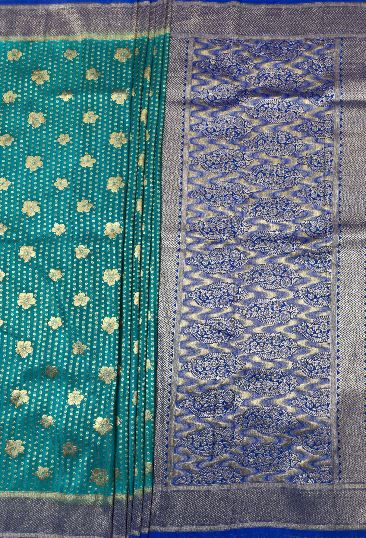 MIMOSA Parrot Royal Blue Mysore Silk crepe Saree β pallu and zari work detail