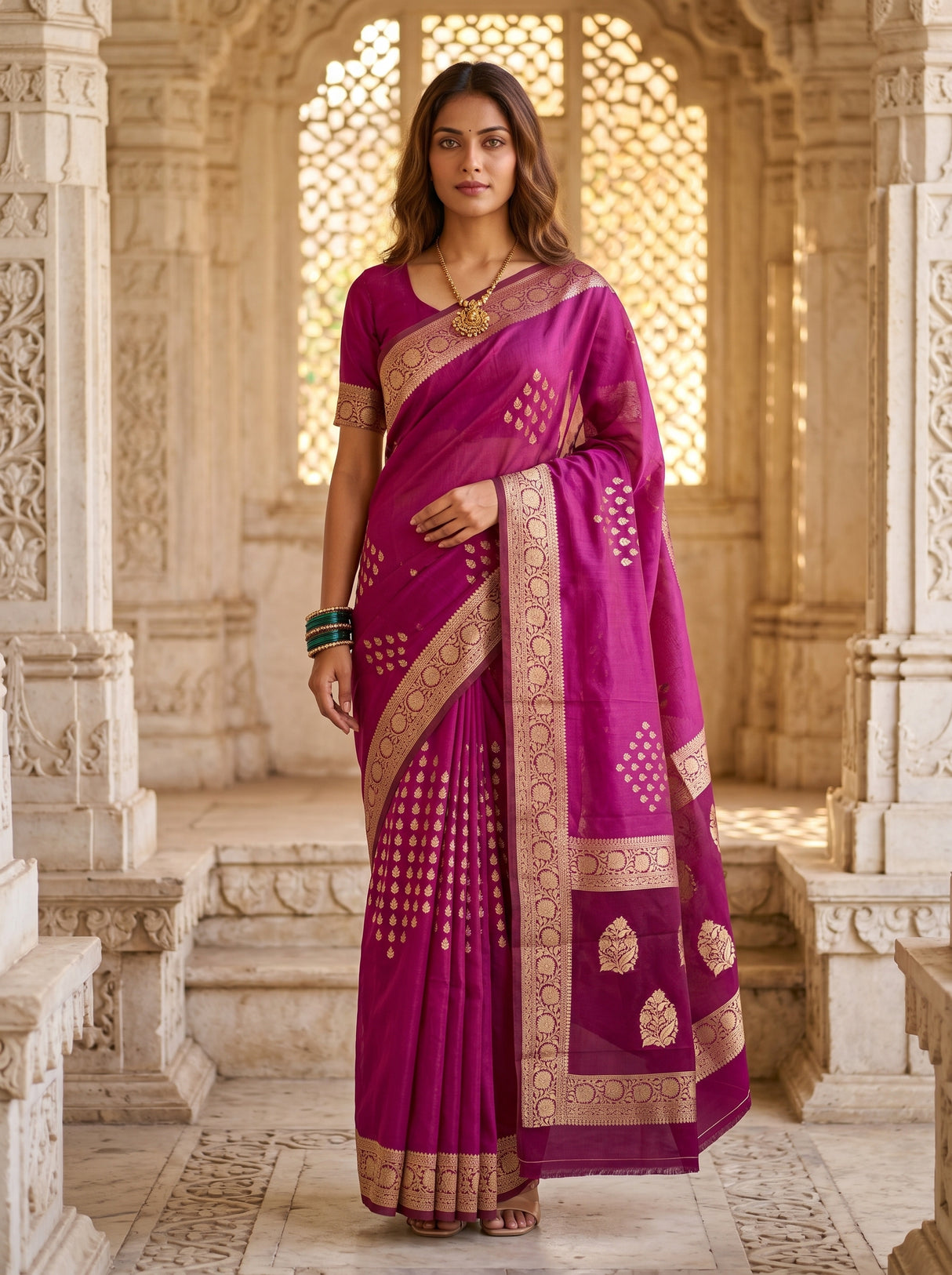 MIMOSA Magenta Mysore Silk crepe Saree β Full view on mannequin