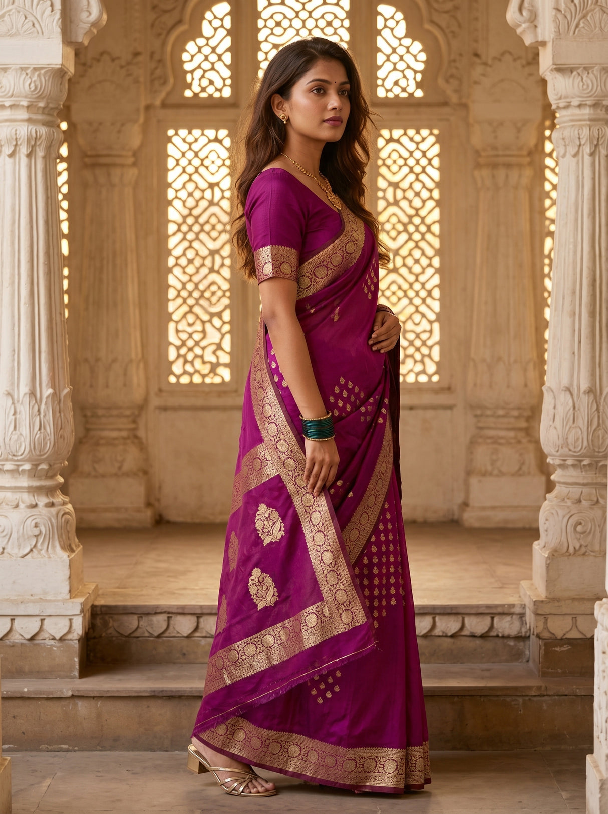 MIMOSA Magenta Mysore Silk crepe Saree β Model pose on stairs