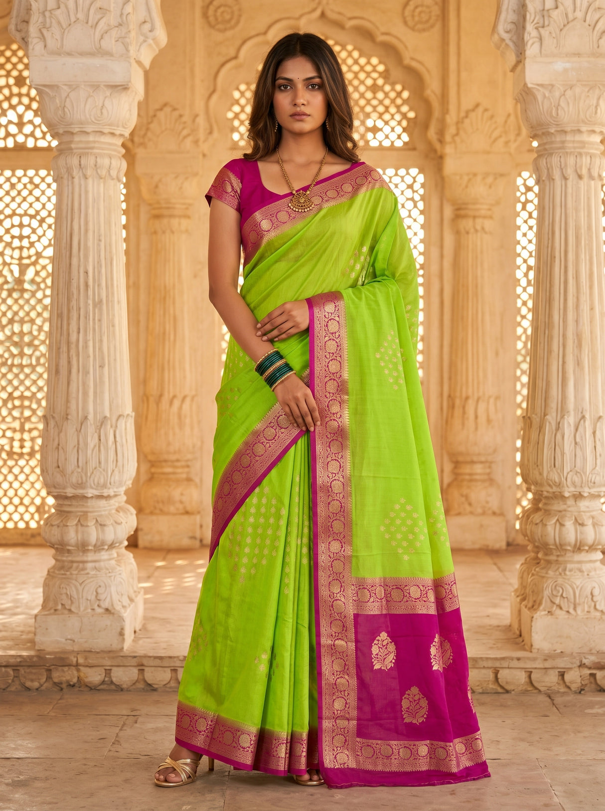 MIMOSA Parrot Green Mysore Silk crepe Saree β Full view on mannequin