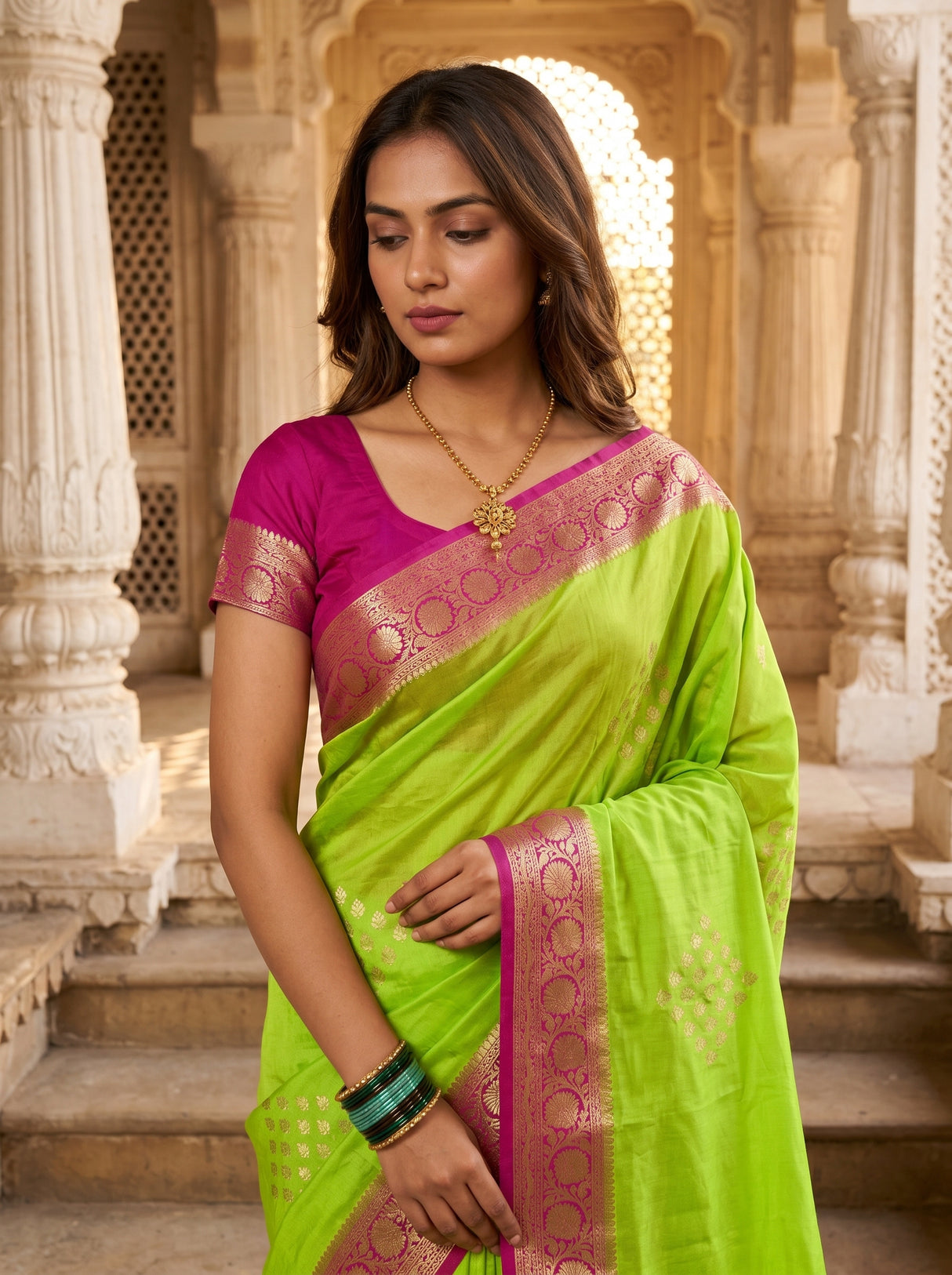 MIMOSA Parrot Green Mysore Silk crepe Saree β pose 10 styling detail