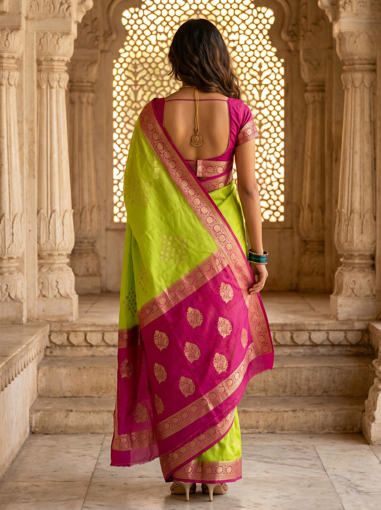 MIMOSA Parrot Green Mysore Silk crepe Saree β Blouse piece detail