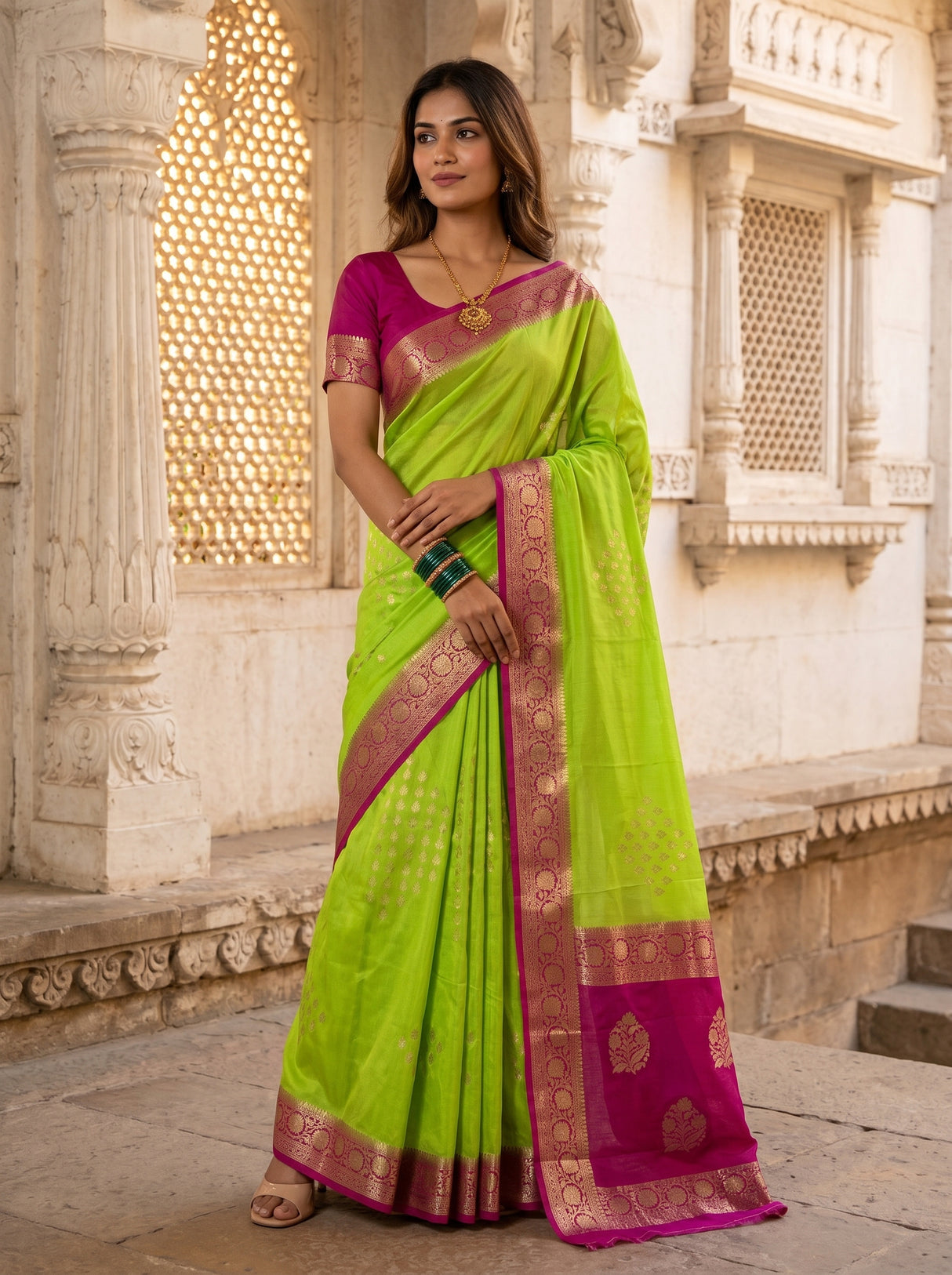 MIMOSA Parrot Green Mysore Silk crepe Saree β pose 5 styling detail