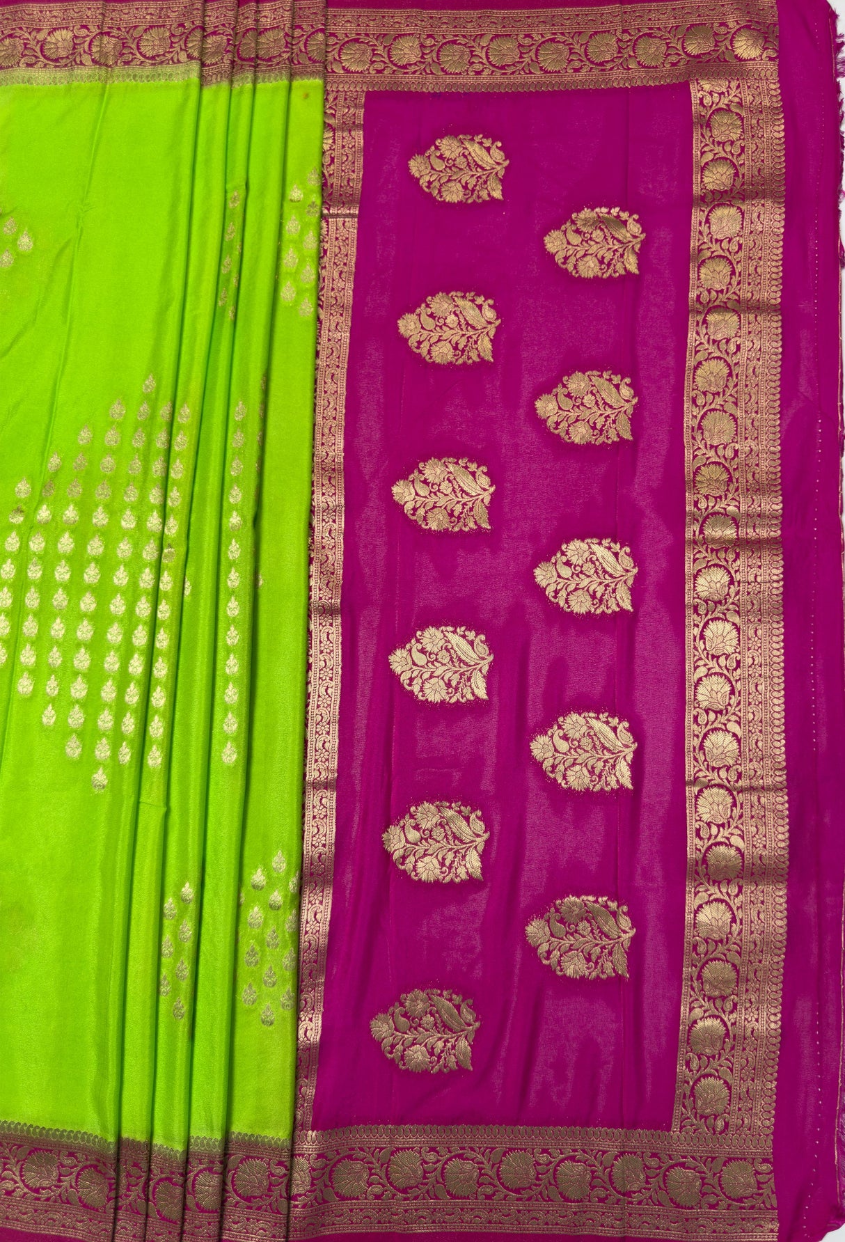 MIMOSA Parrot Green Mysore Silk crepe Saree β pallu and zari work detail