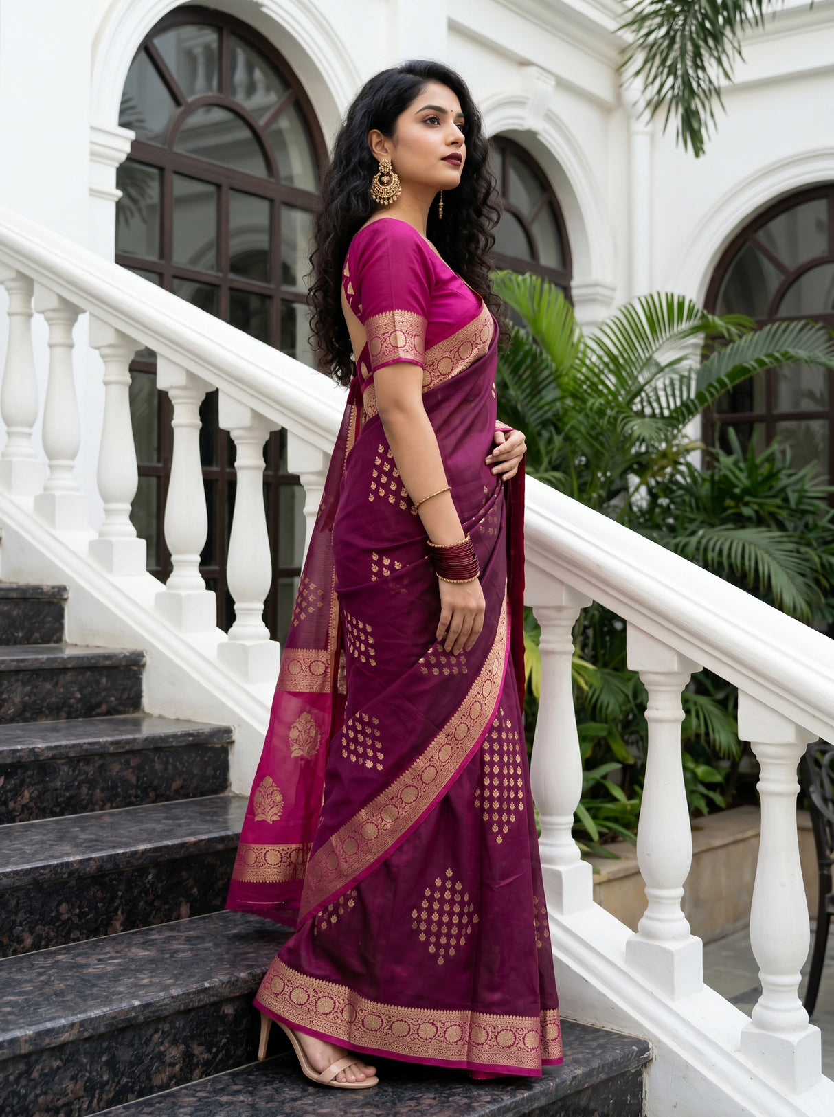 MIMOSA Wine Mysore Silk crepe Saree β Model pose on stairs
