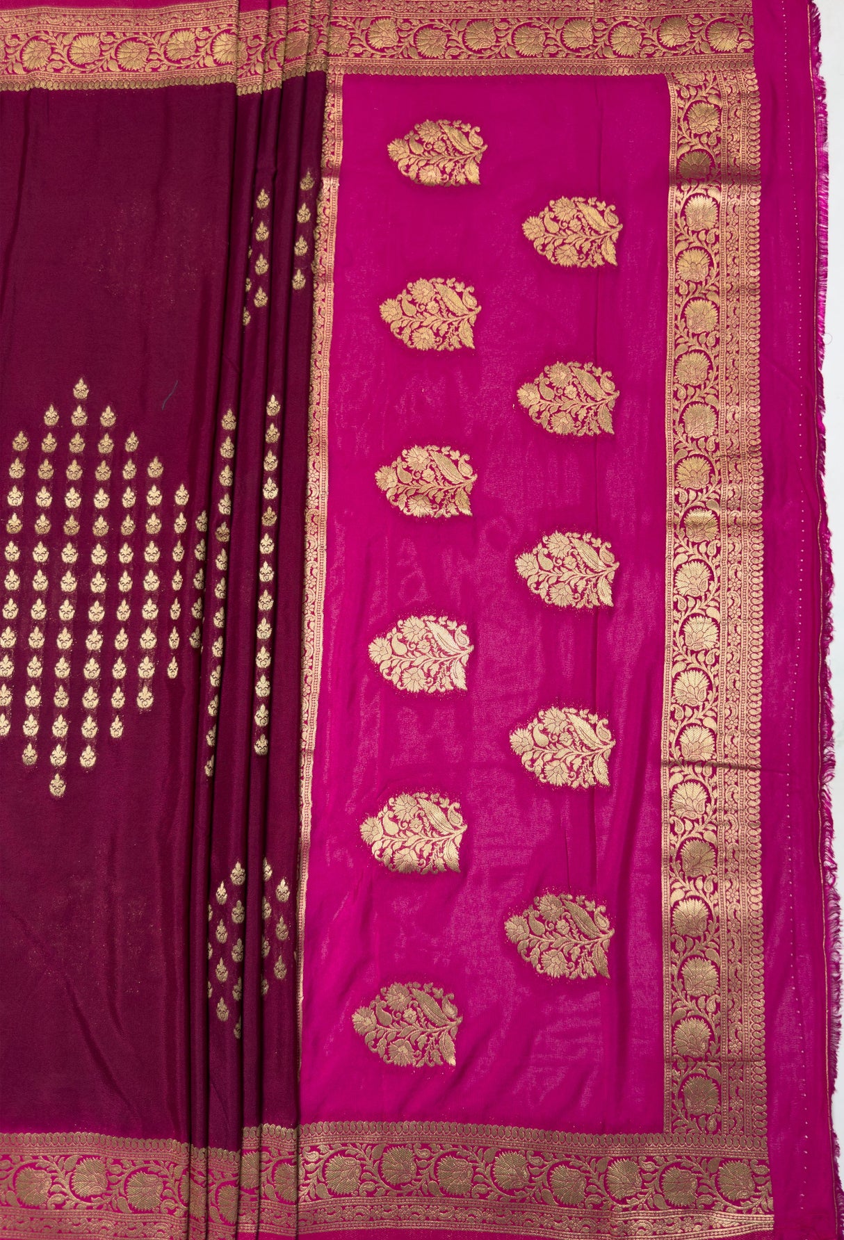 MIMOSA Wine Mysore Silk crepe Saree β pallu and zari work detail