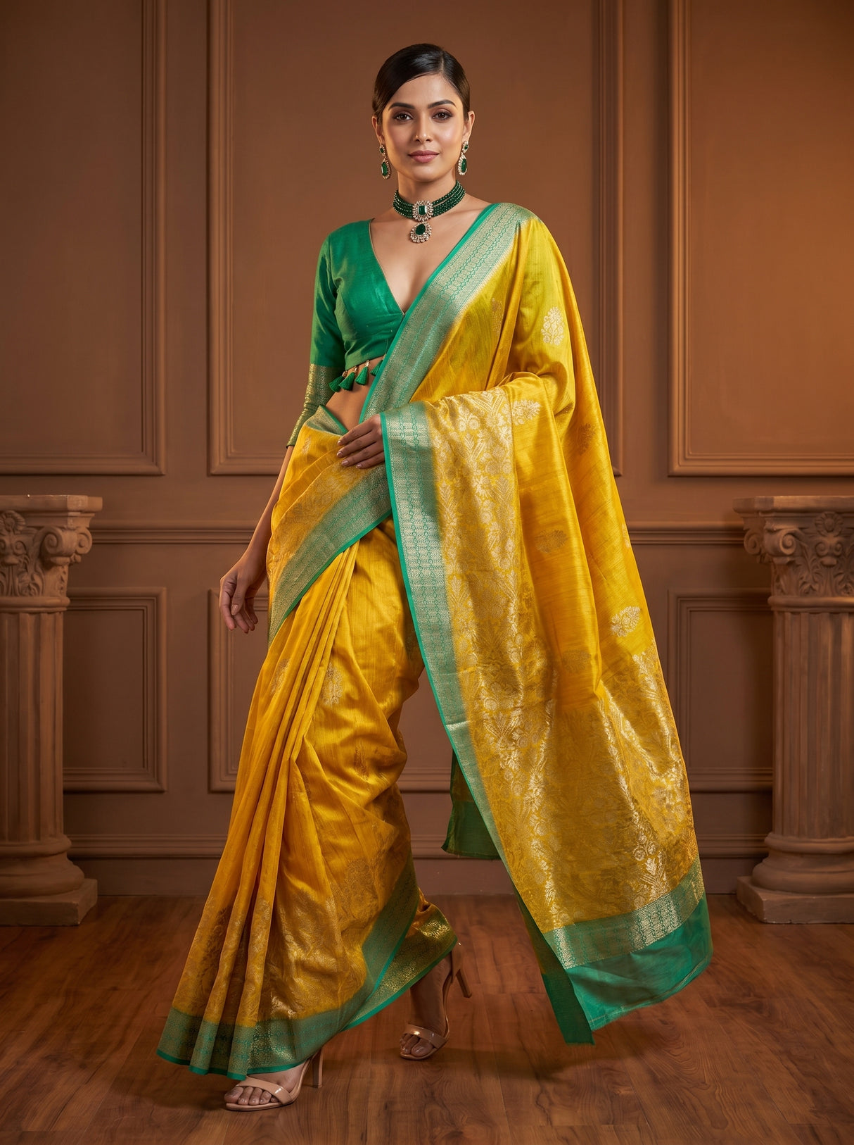 MIMOSA Gold Banarasi Linen Saree - Full View on Model