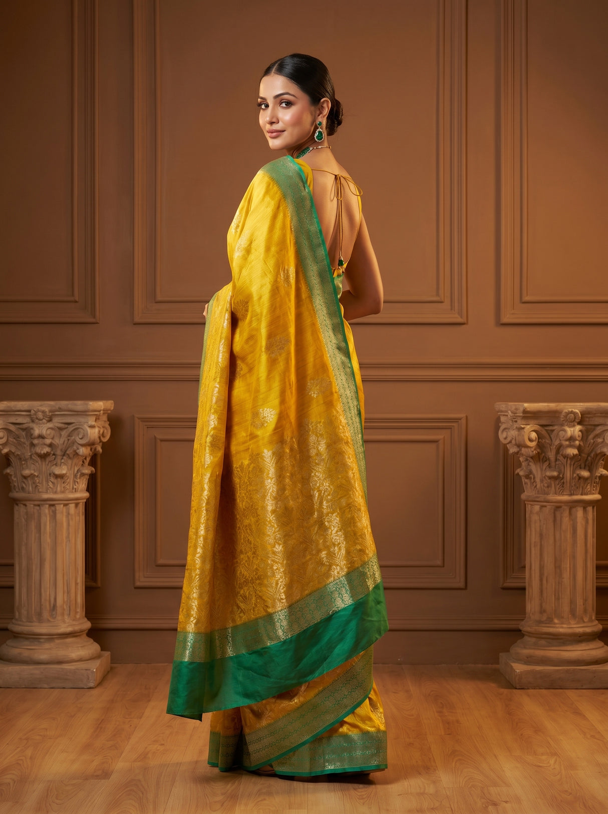 MIMOSA Gold Banarasi Linen Saree β pose 9 styling detail