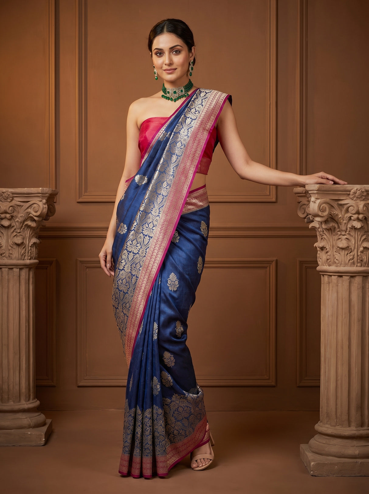 MIMOSA Navy Banarasi Linen Saree β pose 5 styling detail