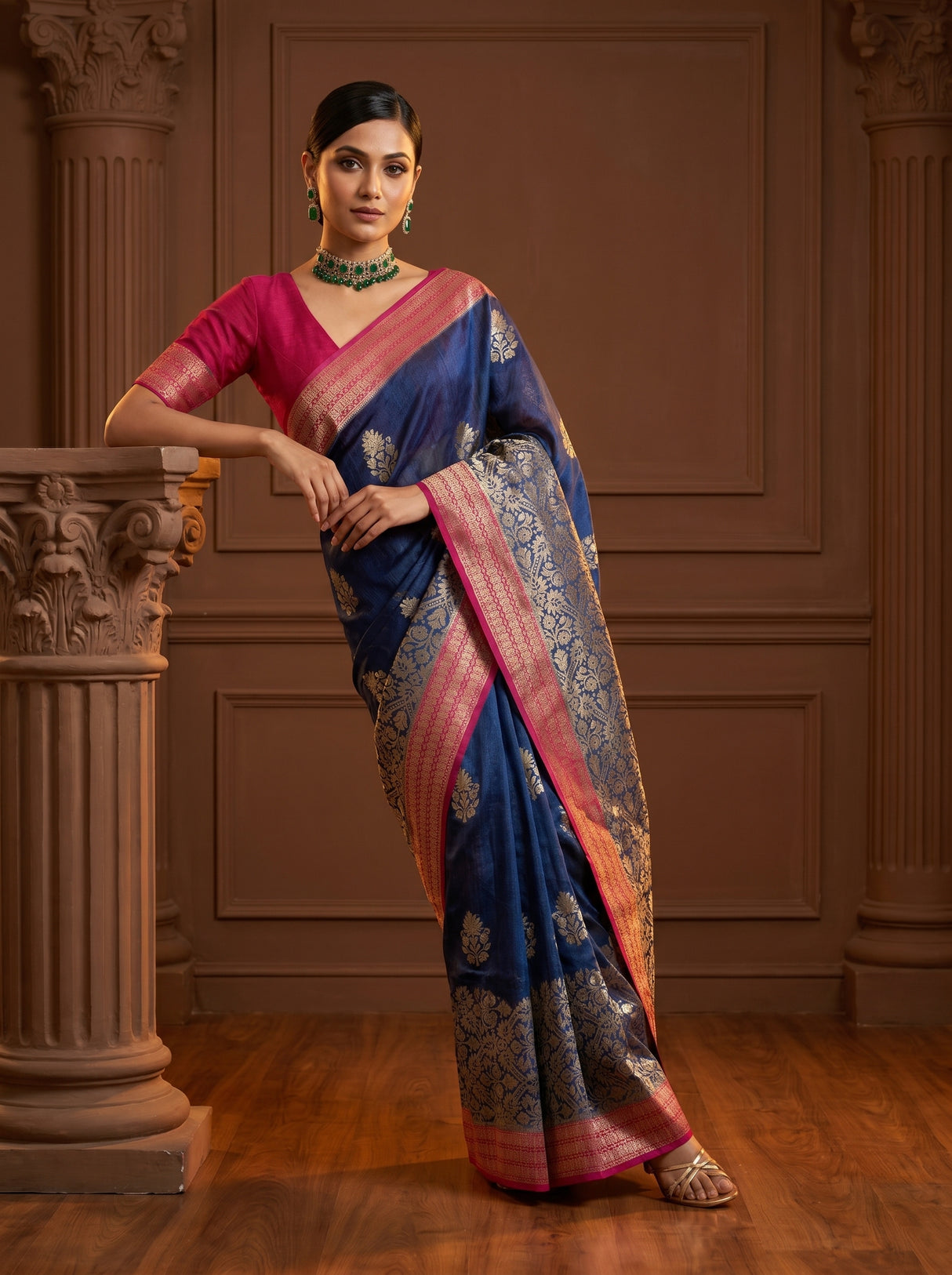 MIMOSA Navy Banarasi Linen Saree β pose 8 styling detail