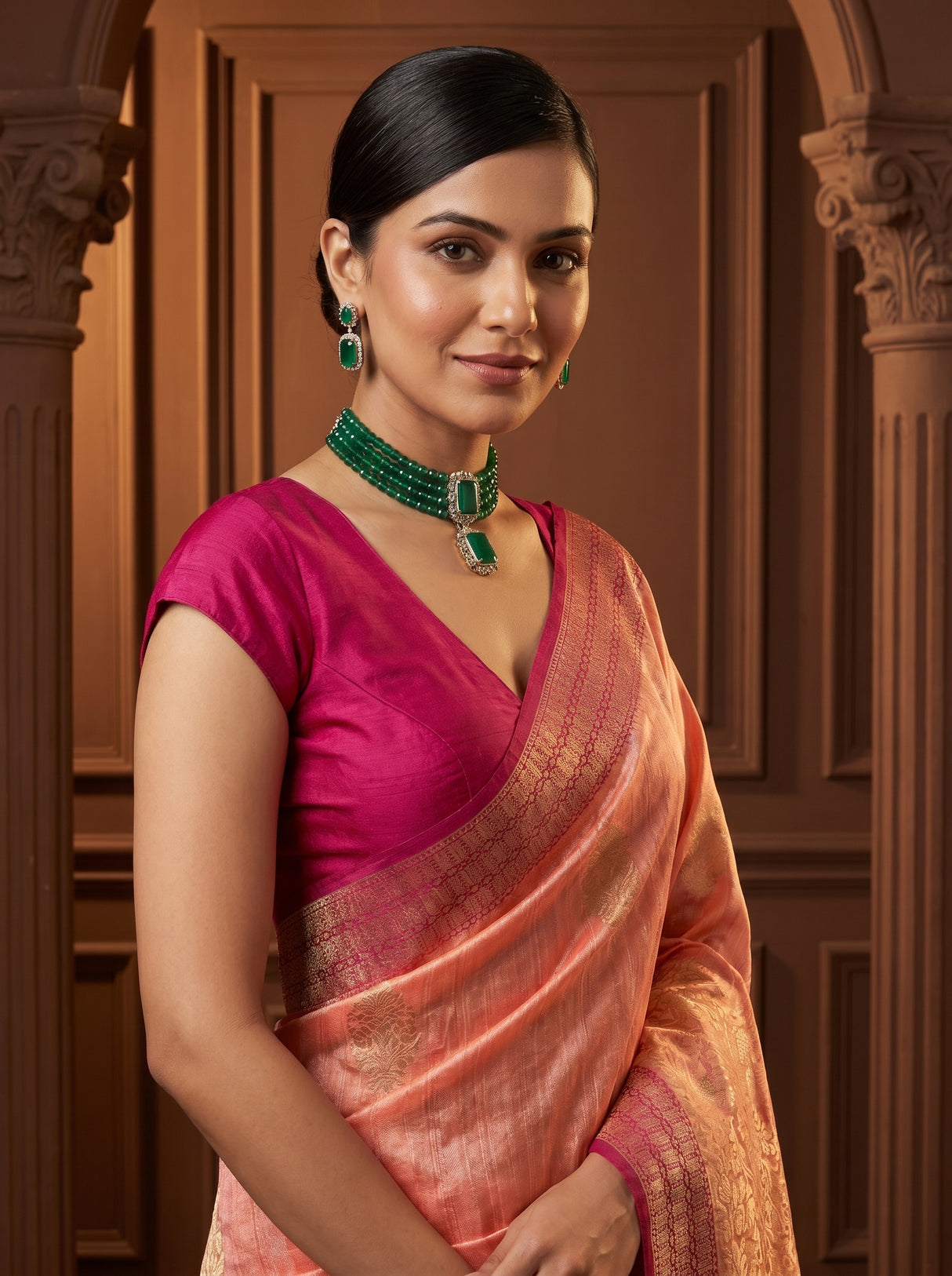 MIMOSA Peach Banarasi Linen Saree β pose 10 styling detail